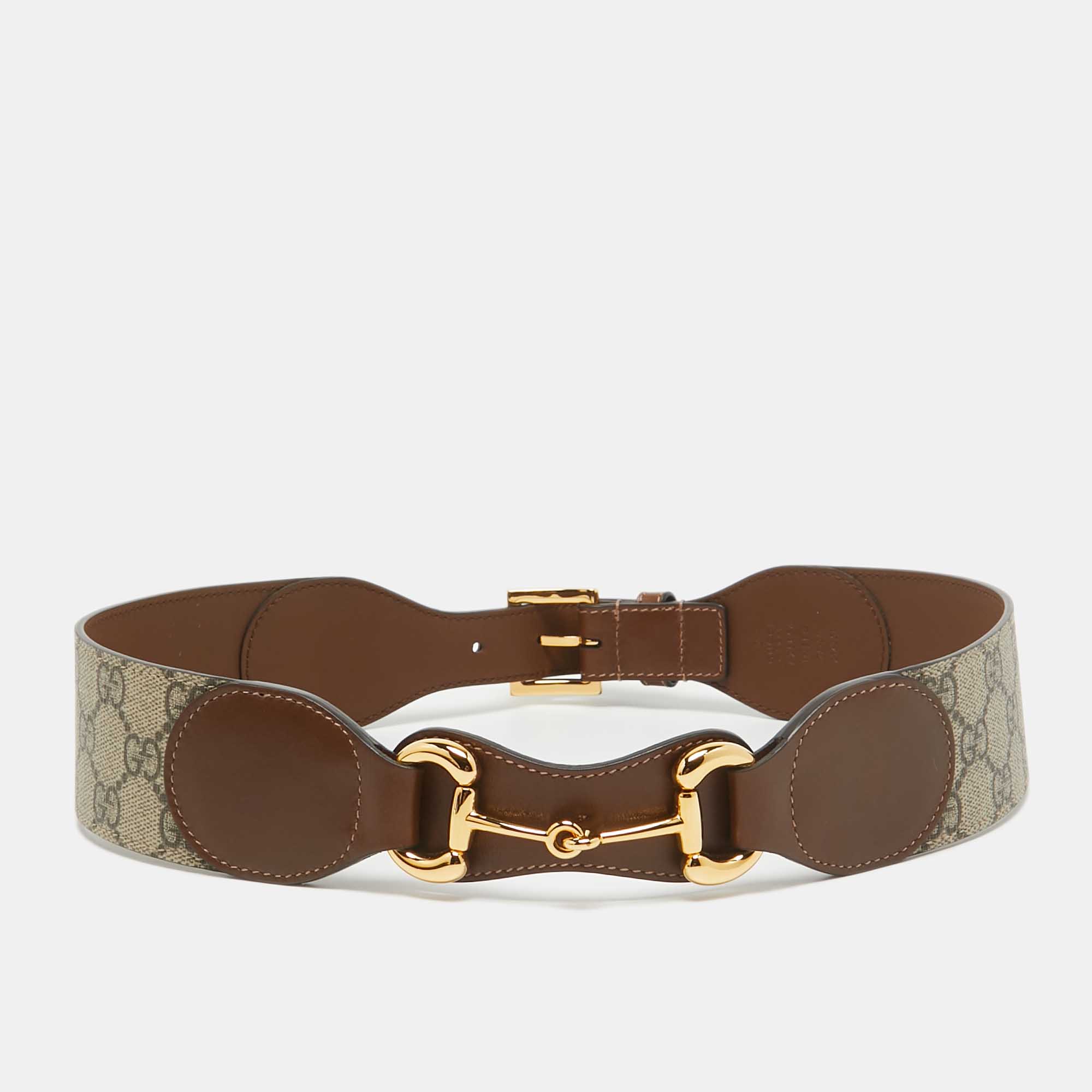 

Gucci Brown/Beige GG Supreme Canvas and Leather Horsebit Belt 75CM