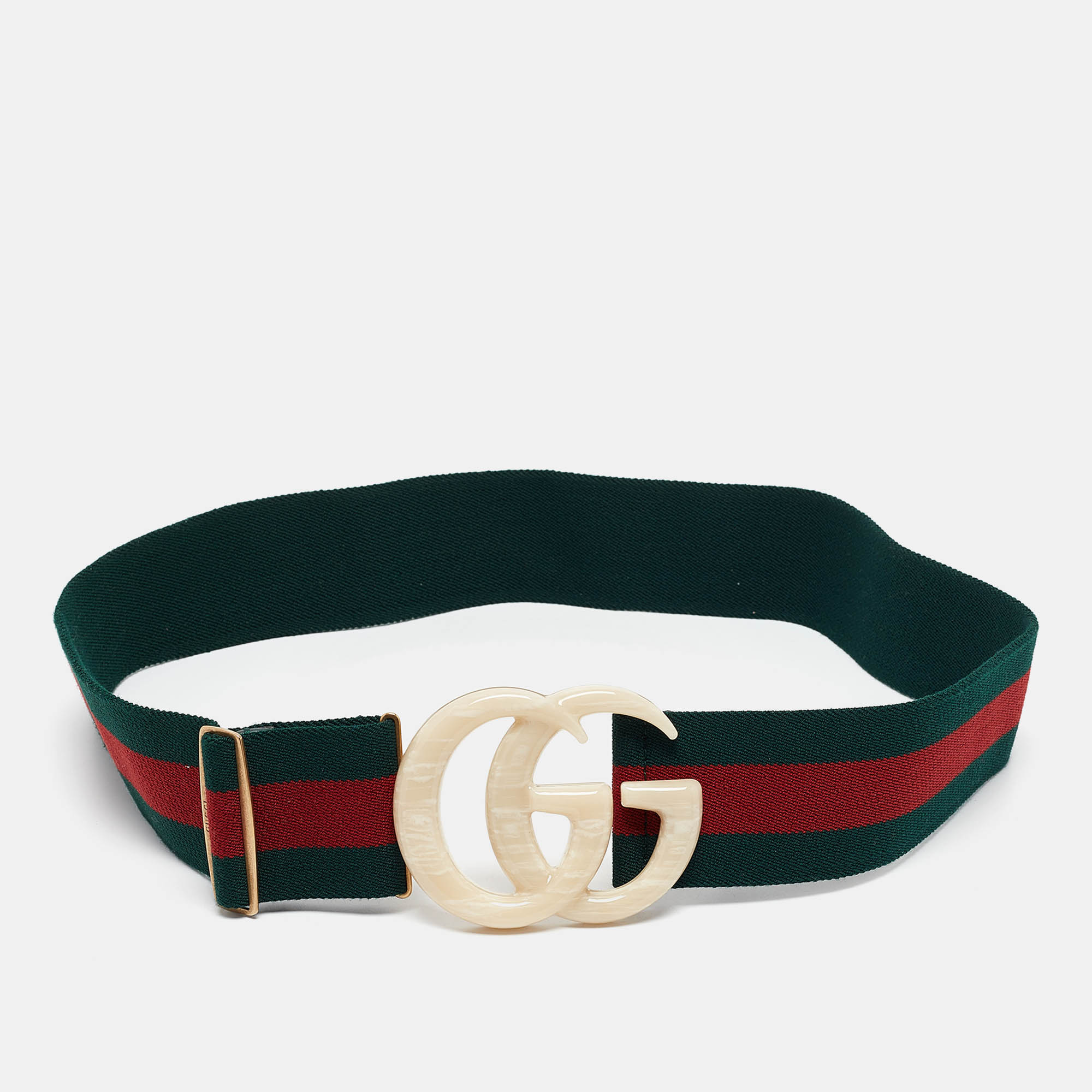 

Gucci Green/Red Web Elastic Plexiglass GG Marmont Buckle Belt 85CM