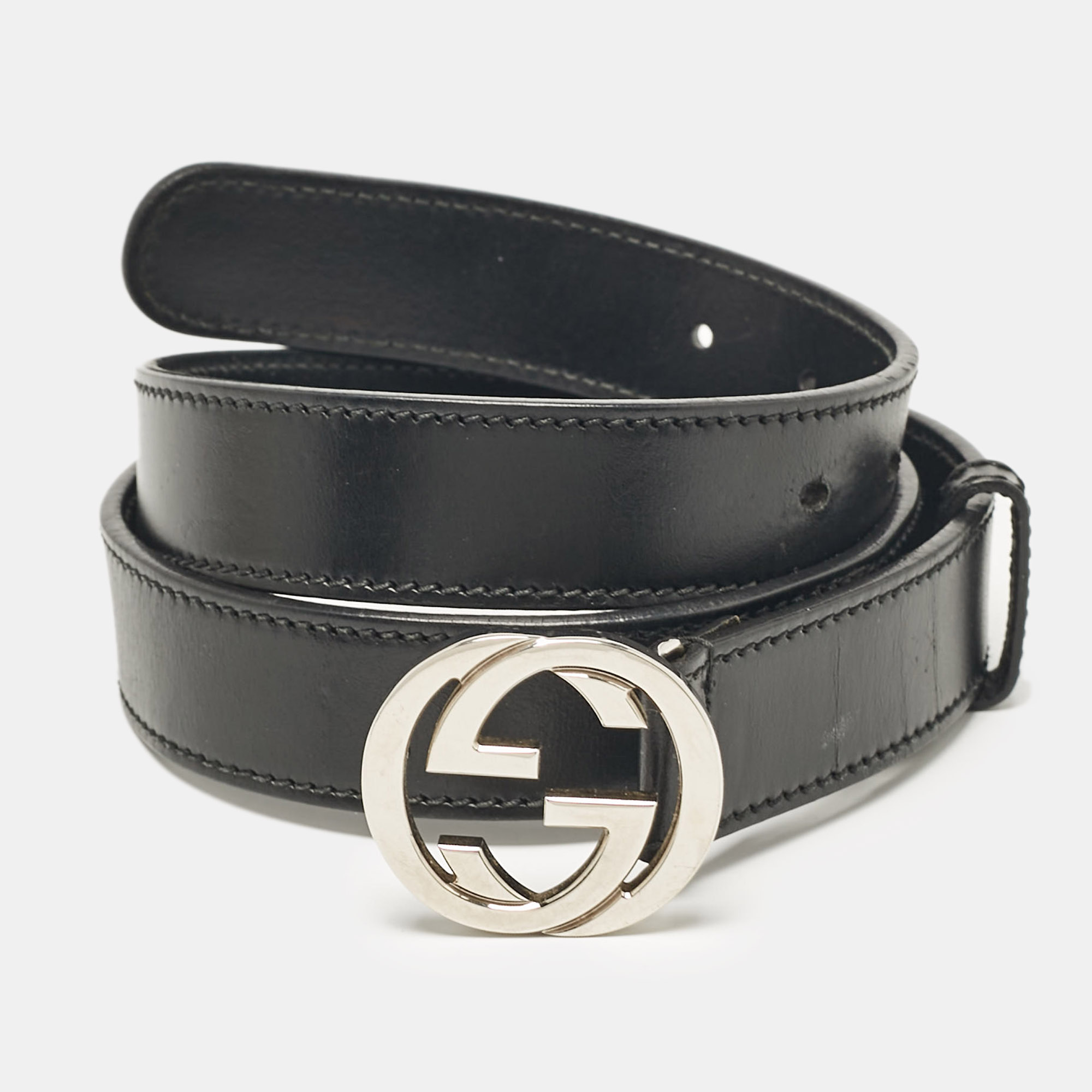 

Gucci Black Leather Interlocking G Buckle Belt 90CM