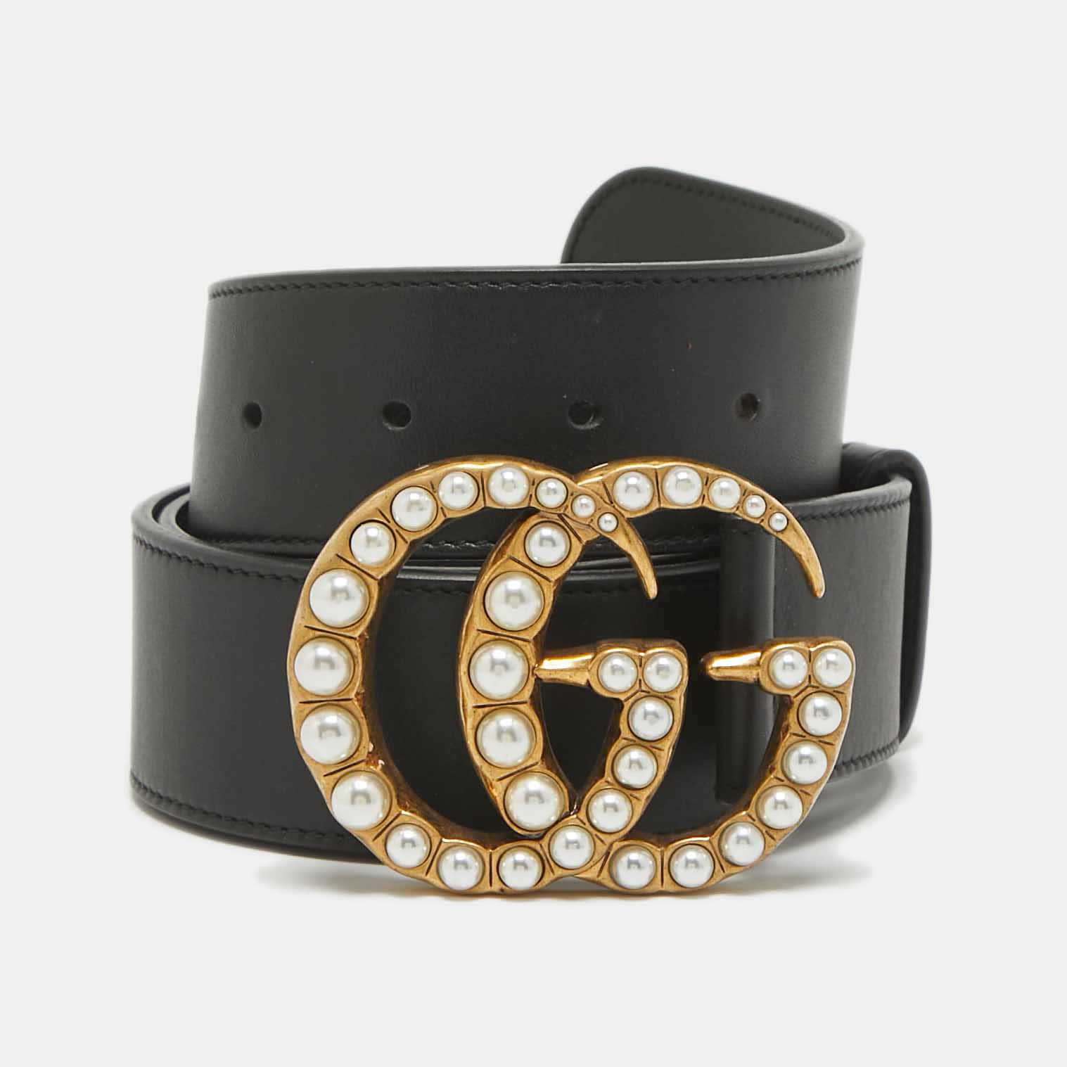 

Gucci Black Leather GG Marmont Pearl Belt 90CM