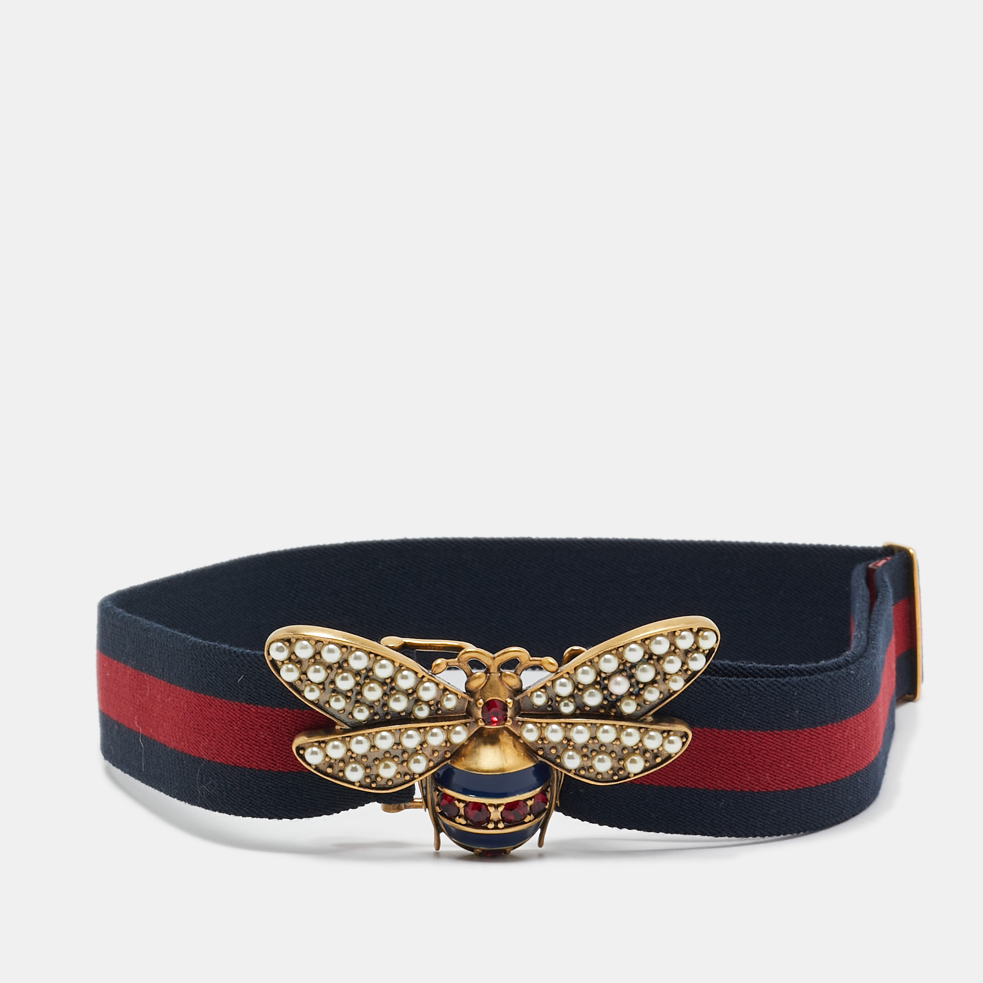 

Gucci Navy Blue/Red Web Elastic Fabric Queen Margaret Bee Belt 85CM