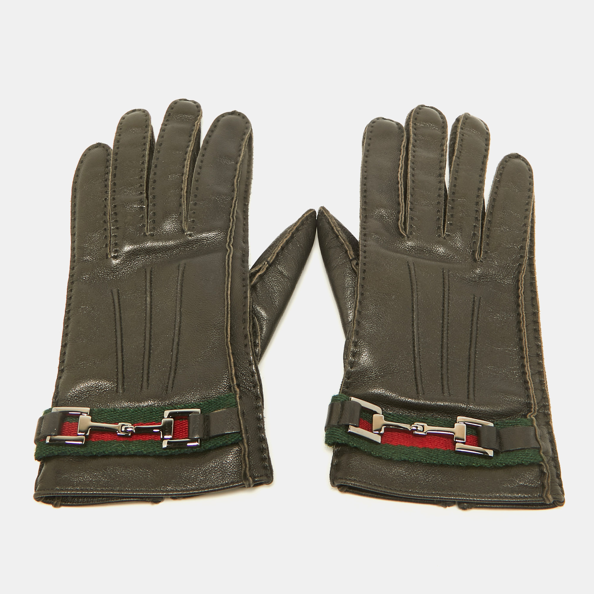 

Gucci Brown Leather Web Horsebit Gloves Size