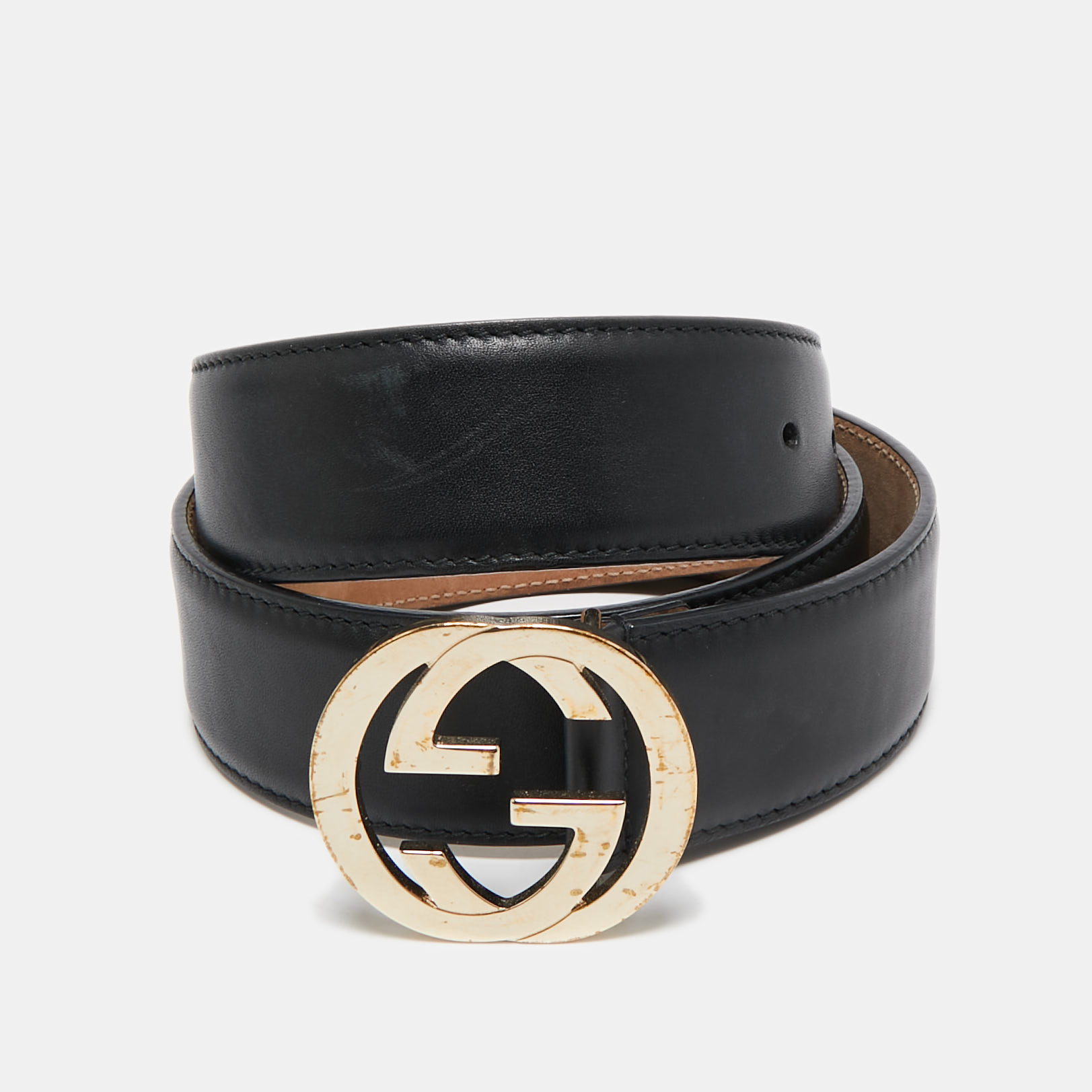 

Gucci Black Leather Interlocking G Buckle Belt 85CM