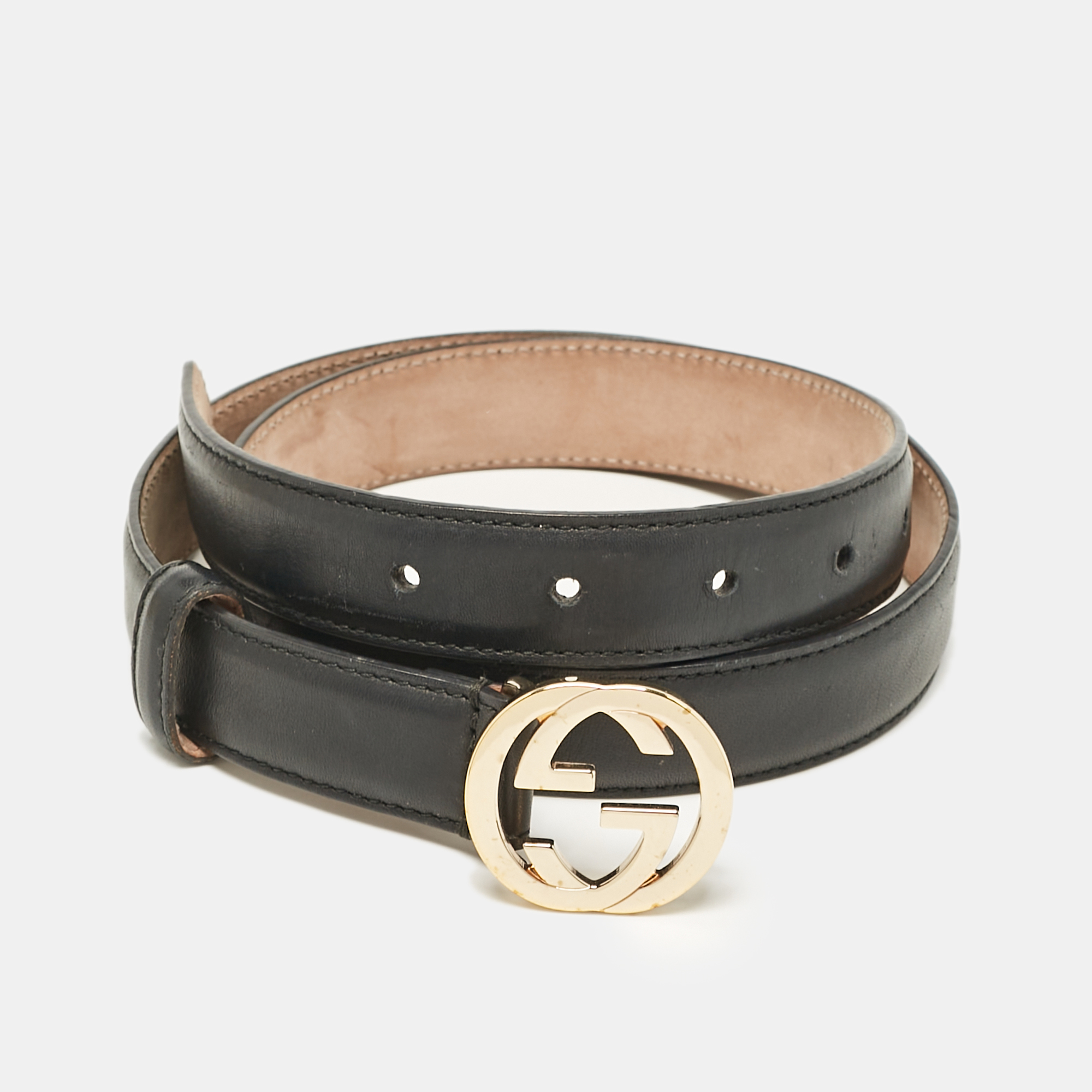 

Gucci Black Leather Interlocking G Slim Buckle Belt 80CM