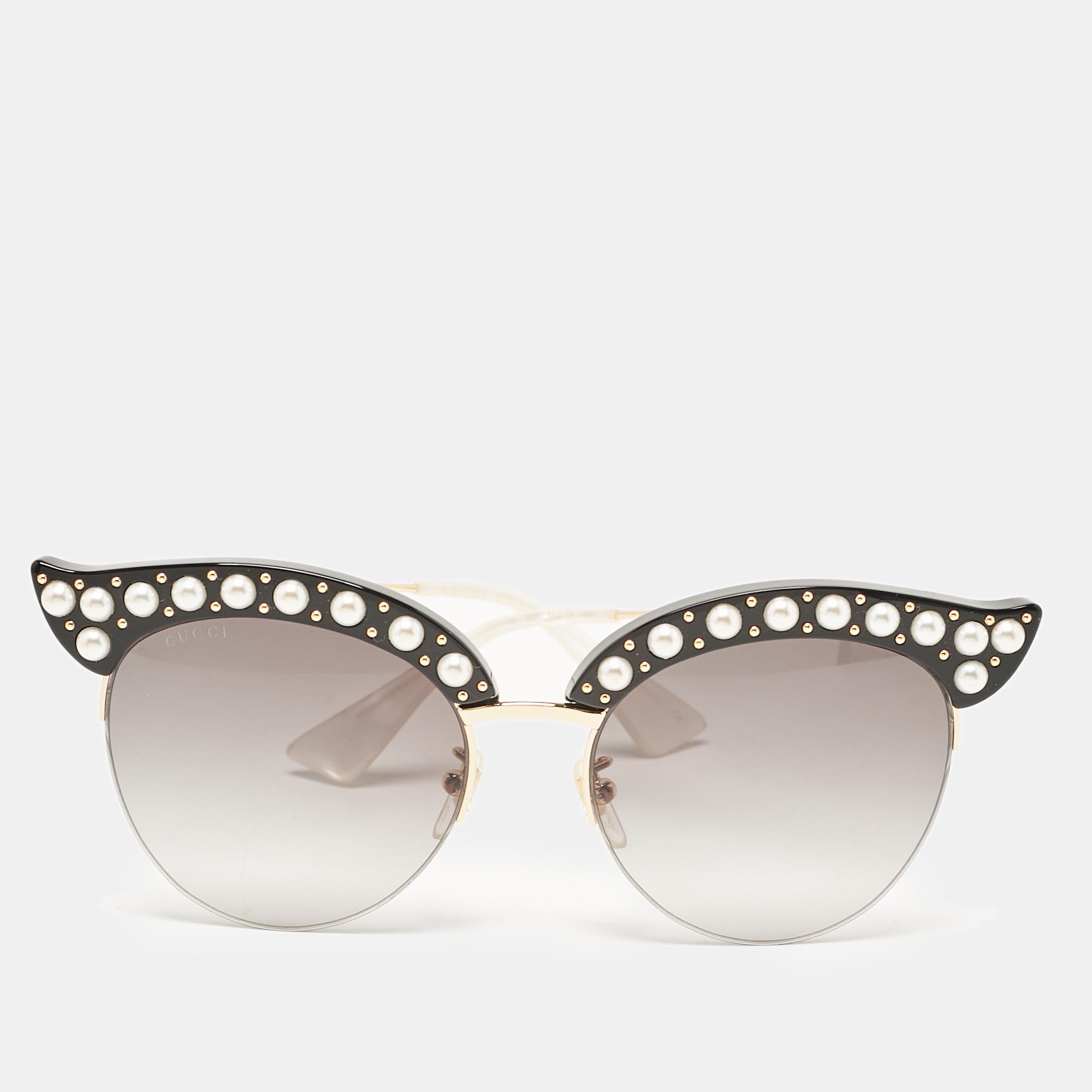 

Gucci Black/Grey Gradient GG0212S Pearl Studded Cat Eye Sunglasses