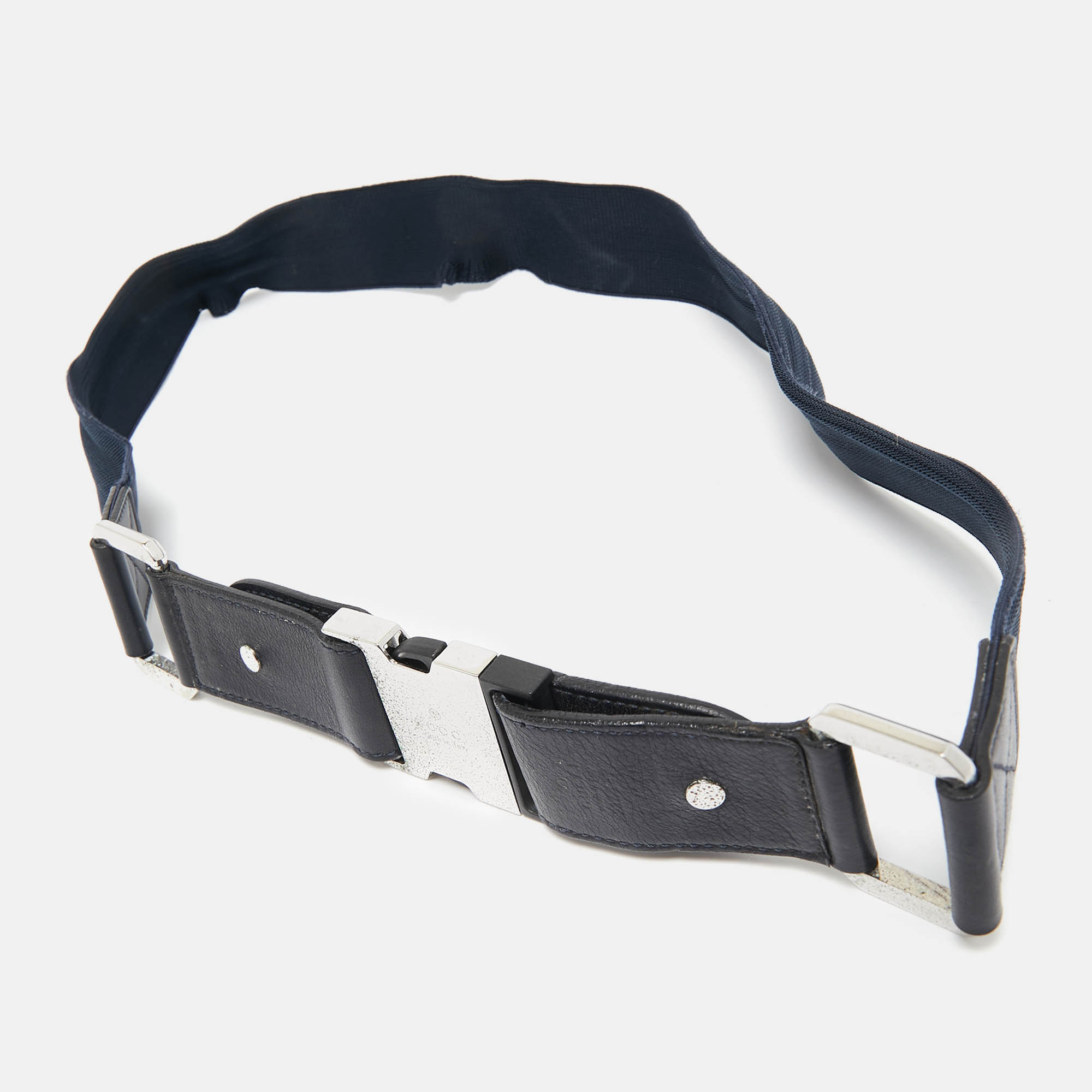 Gucci Navy Blue Elastic and Leather Buckle Belt 90 CM 