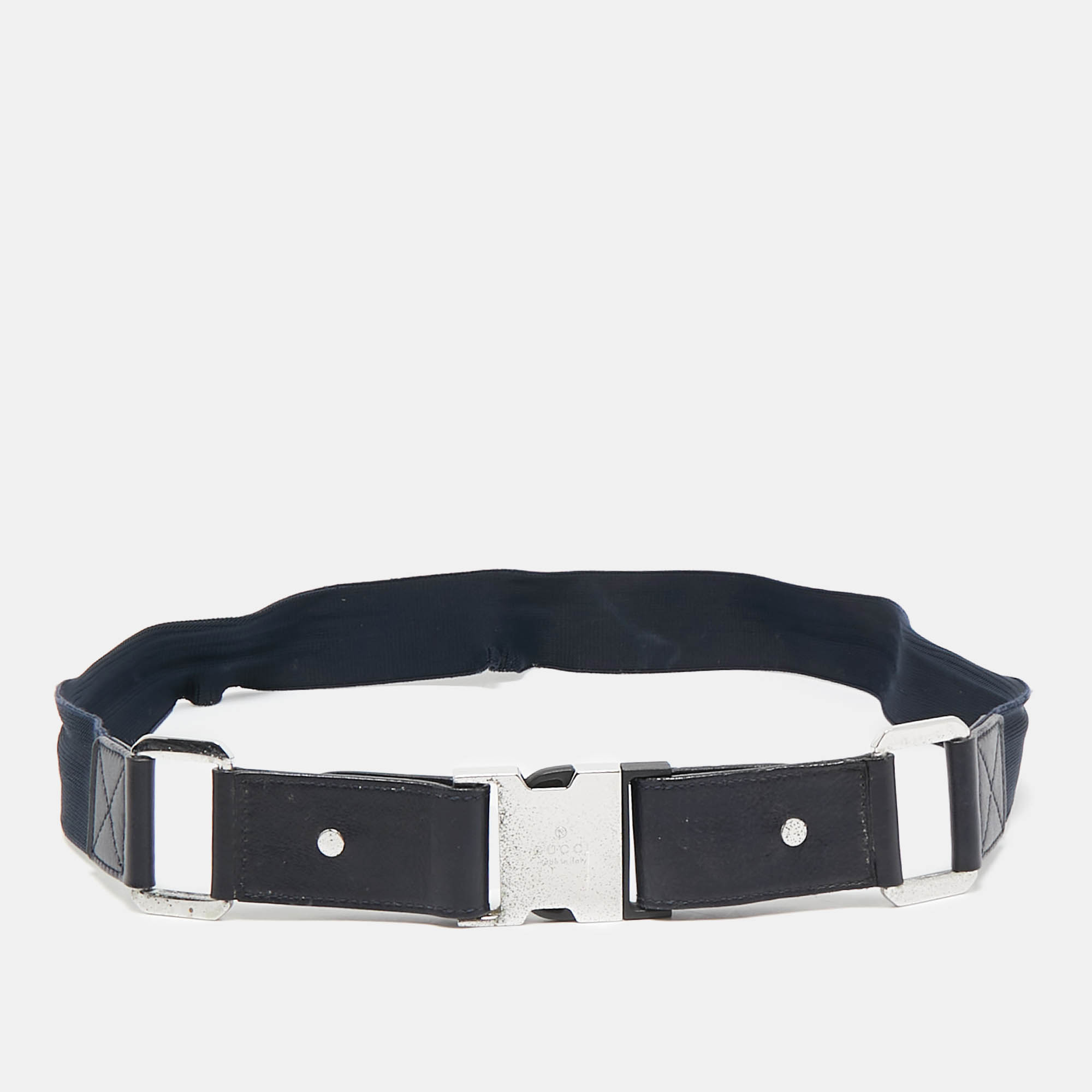 

Gucci Navy Blue Elastic and Leather Buckle Belt