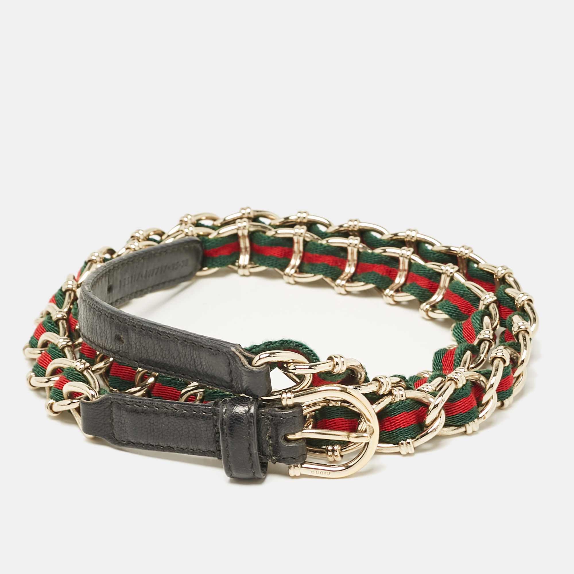 

Gucci Black Leather and Web Canvas Chain Detail Slim Buckle Belt 95CM