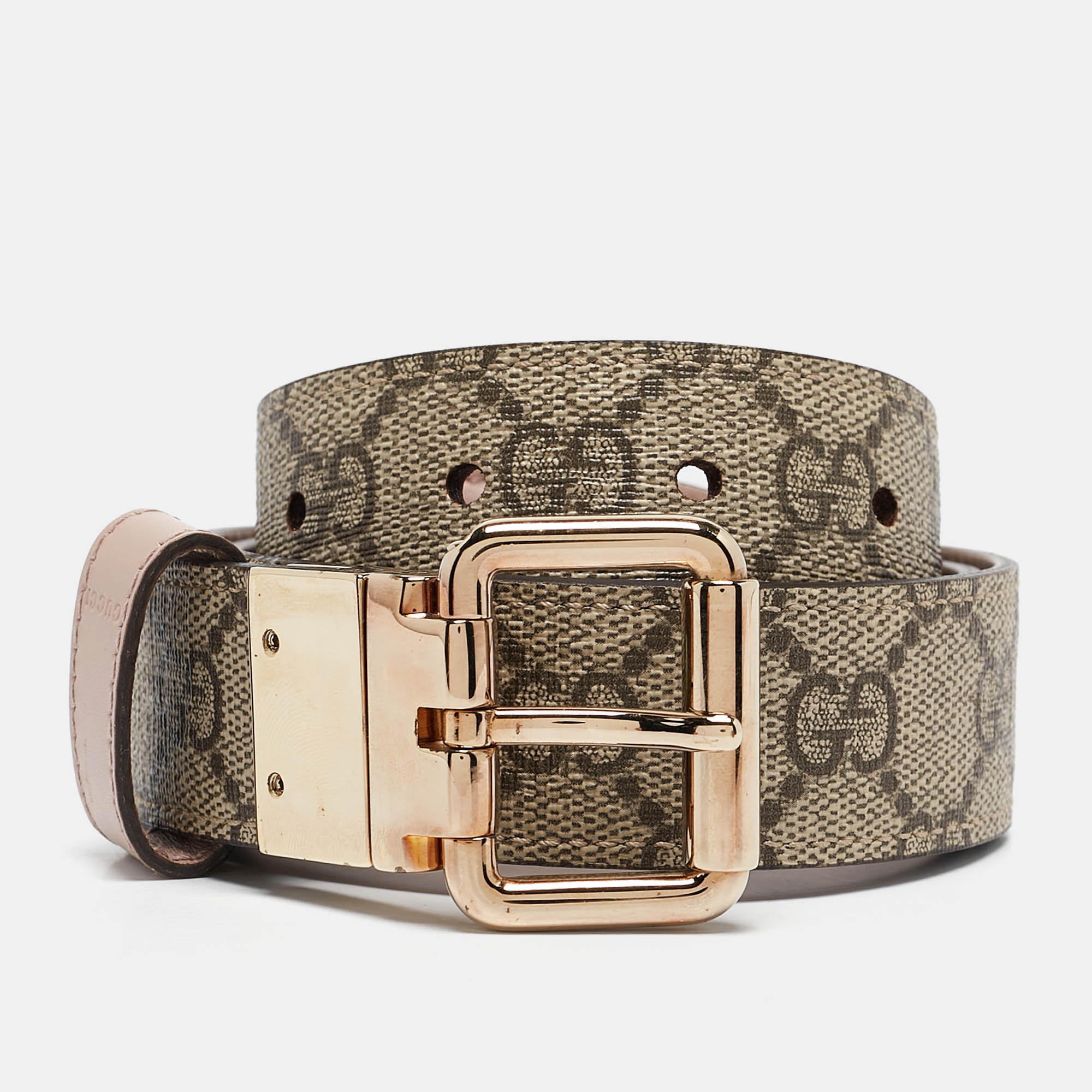 

Gucci Pink/Beige GG Supreme Canvas and Leather Buckle Reversible Belt