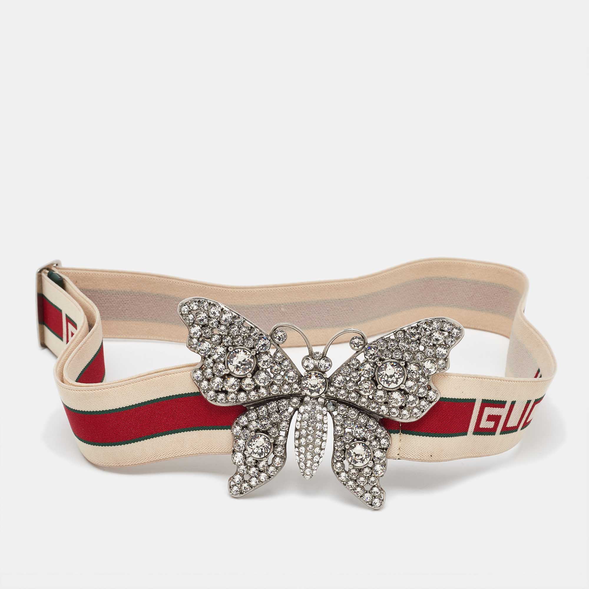 

Gucci Beige Elastic Band Crystal Embellished Butterfly Buckle Belt