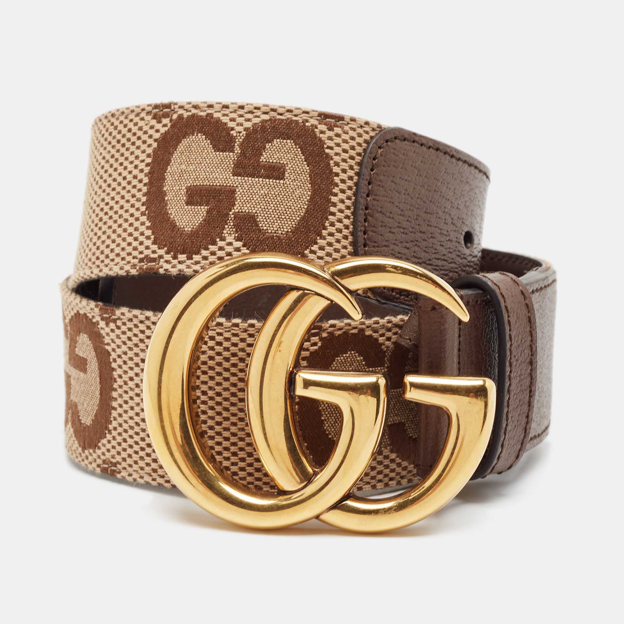 

Gucci Beige/Brown Jumbo GG Canvas and Leather GG Marmont Buckle Belt 75CM