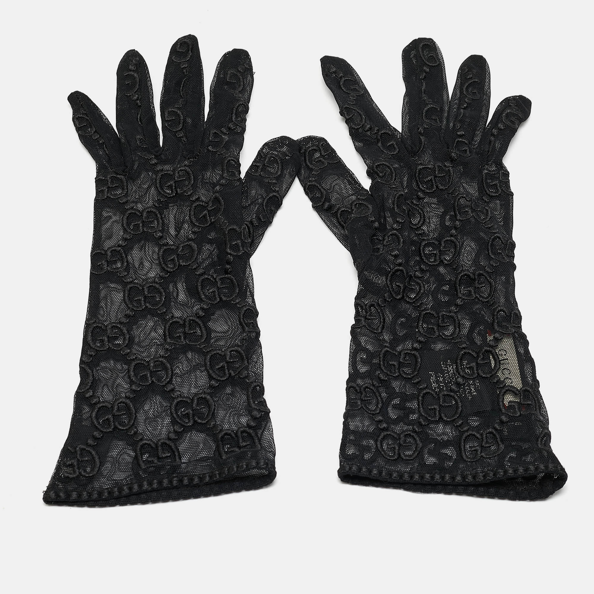 

Gucci Black GG Embroidered Tulle Gloves L