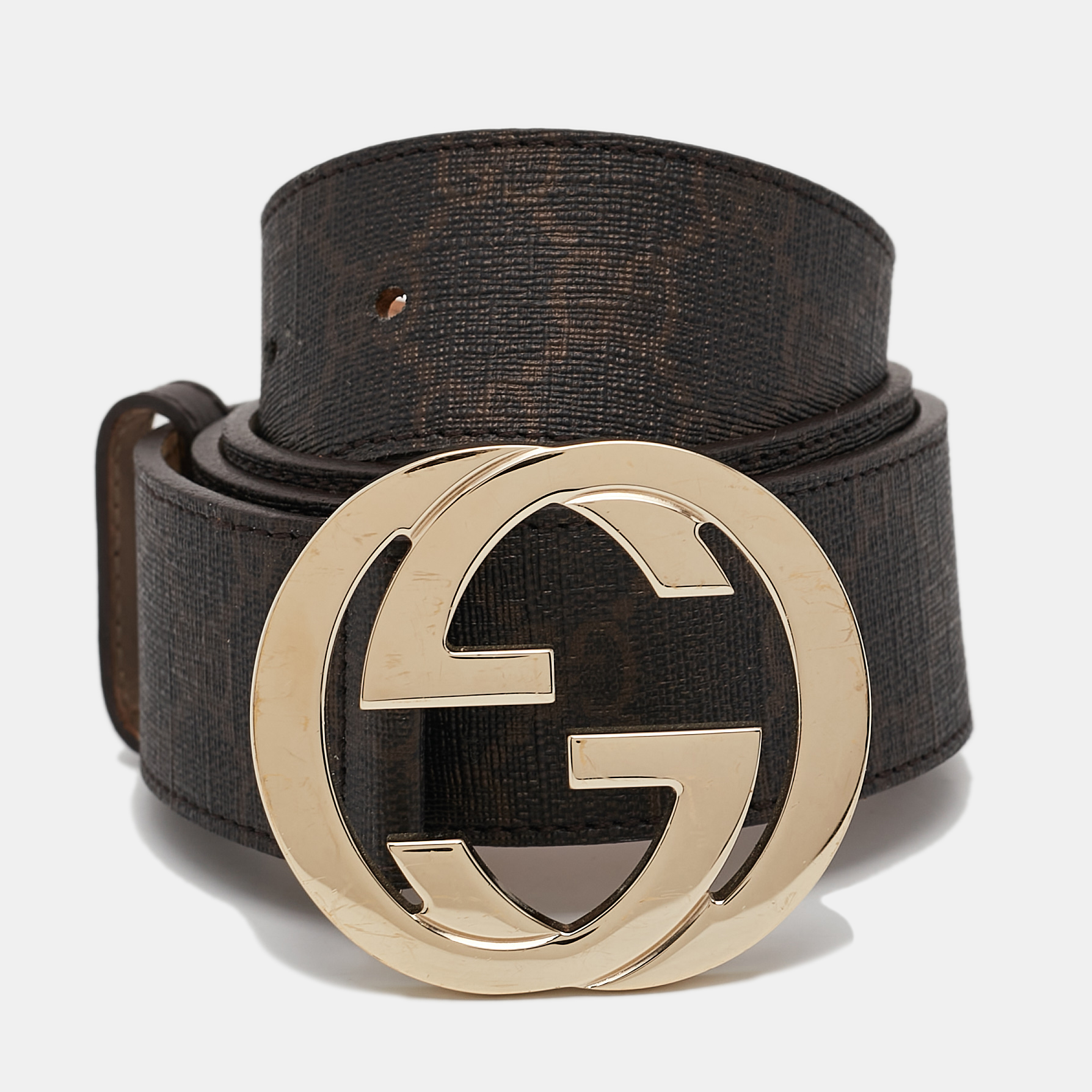 

Gucci Dark Brown GG Supreme Canvas Interlocking G Buckle Belt 95CM