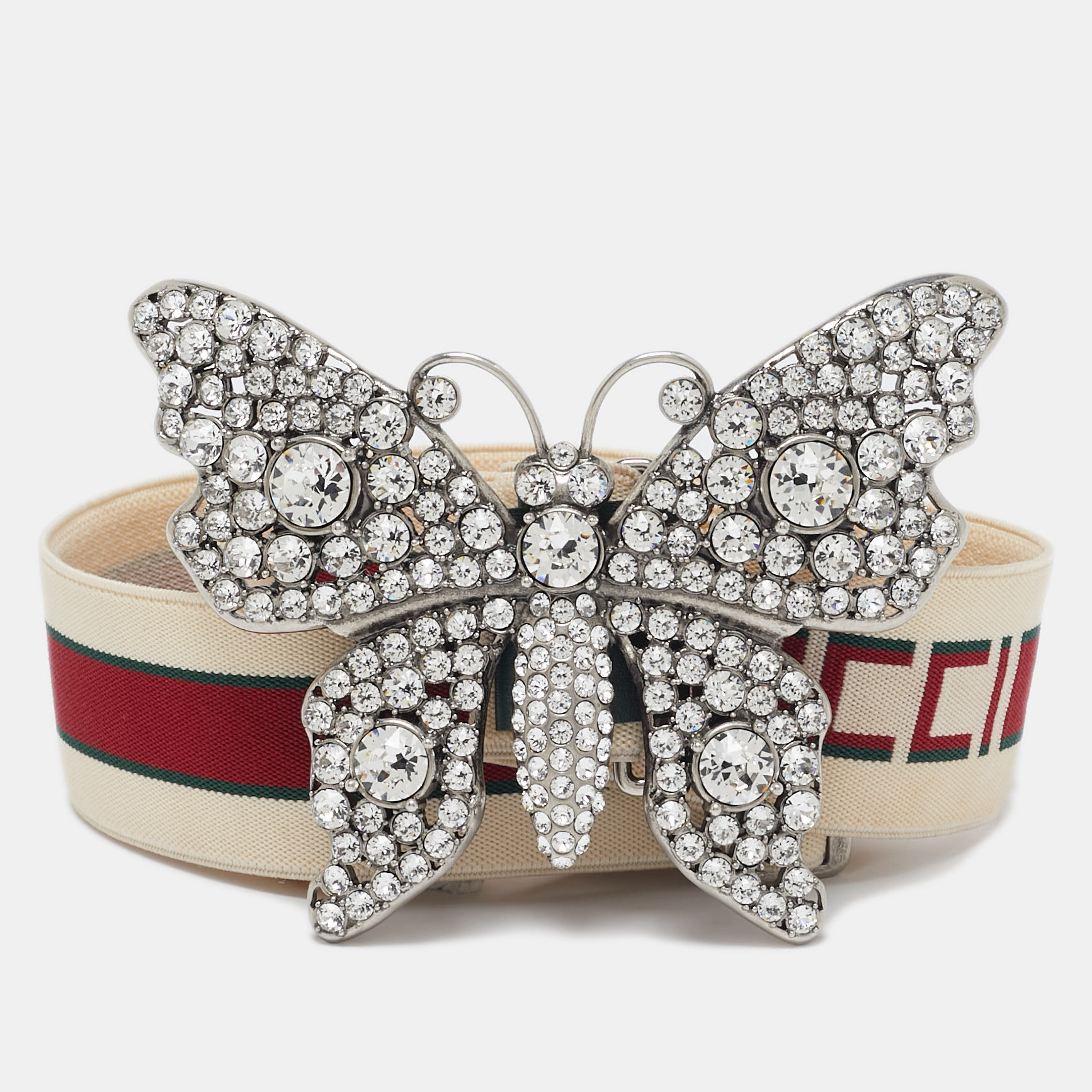 

Gucci White/Red Elastic Band Butterfly Crystals Belt 95CM