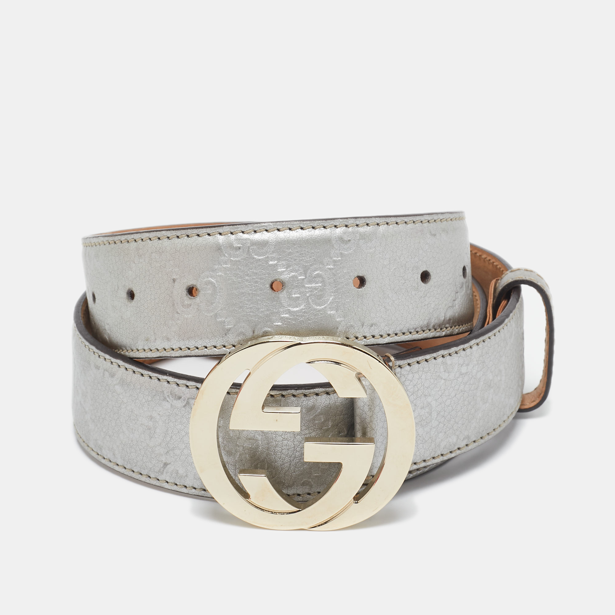 

Gucci Silver Guccissima Leather Interlocking G Buckle Belt 95CM