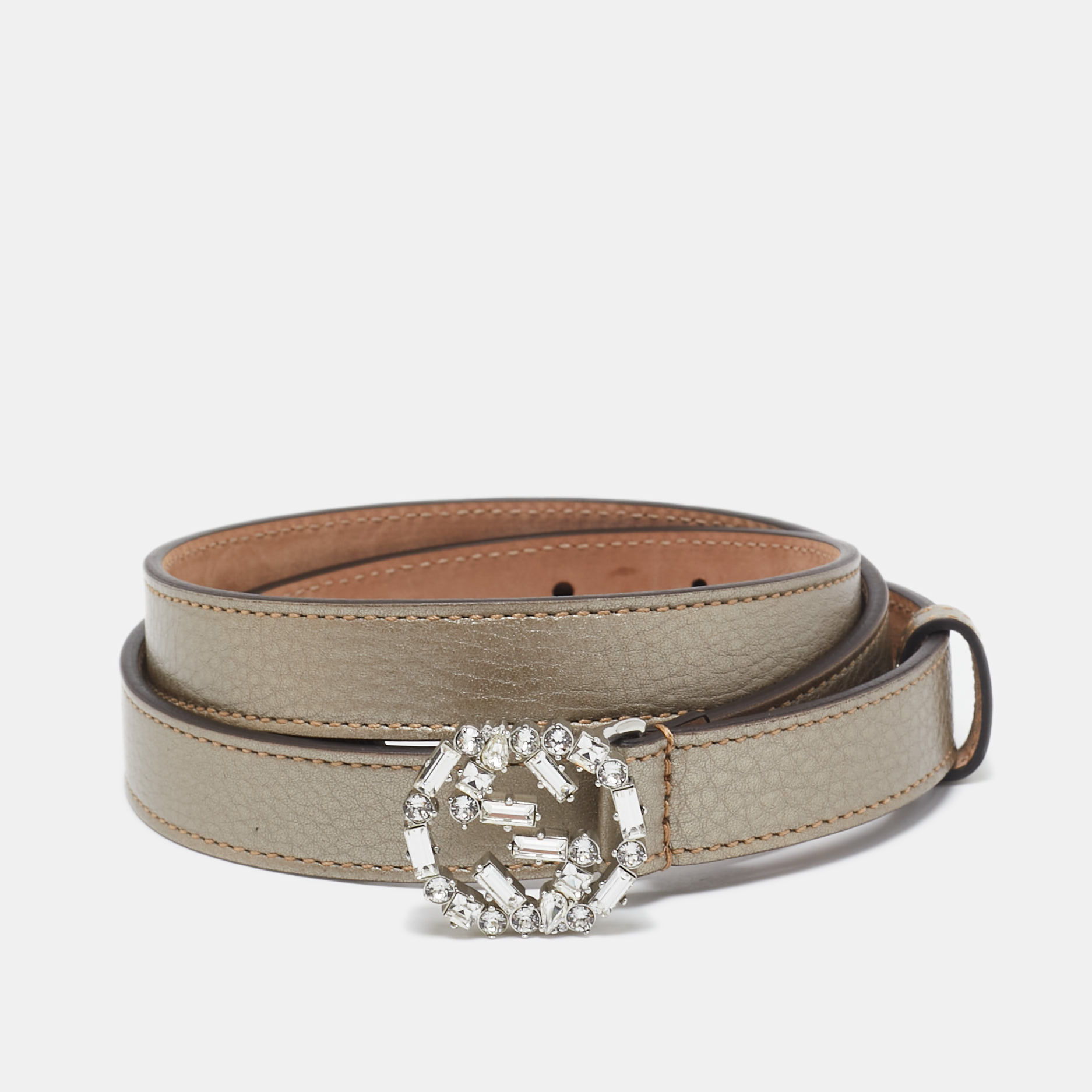 

Gucci Gold Leather Crystal Embellished Interlocking G Buckle Belt 90CM