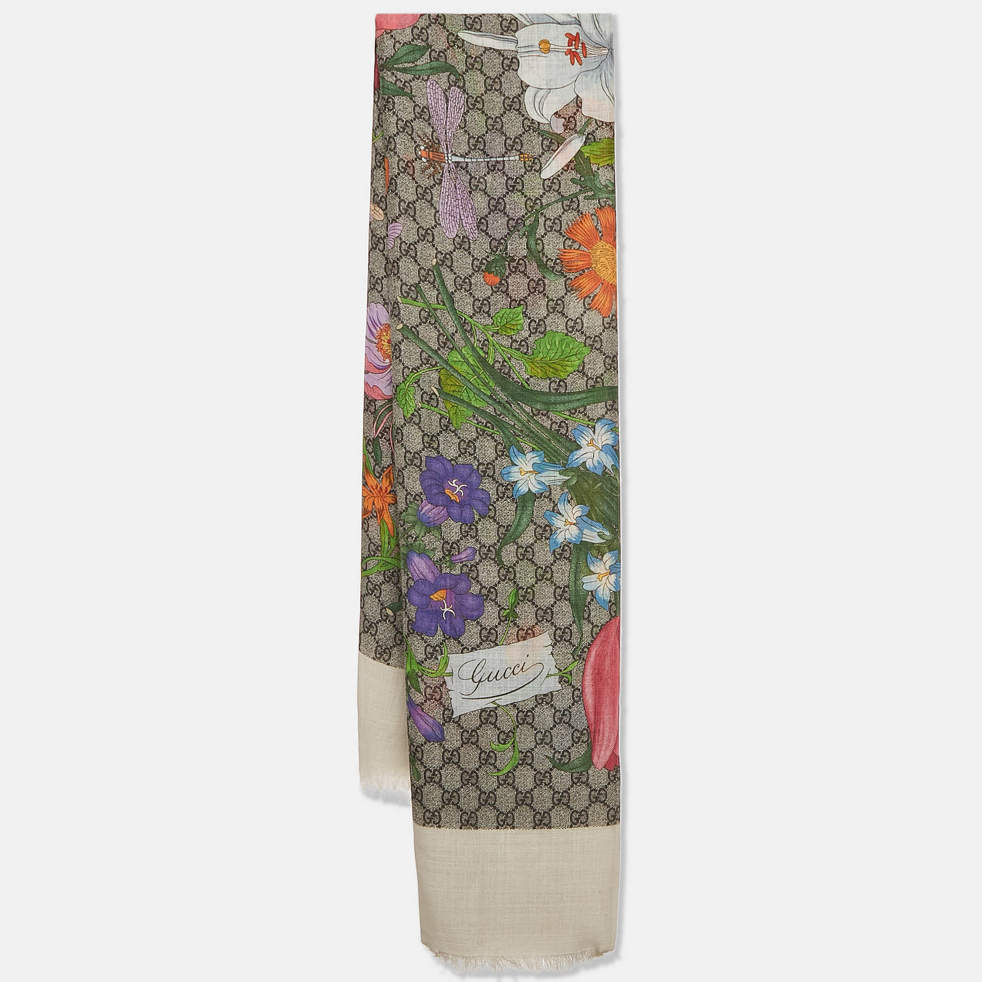 

Gucci Beige Floral Print GG Wool & Silk Scarf