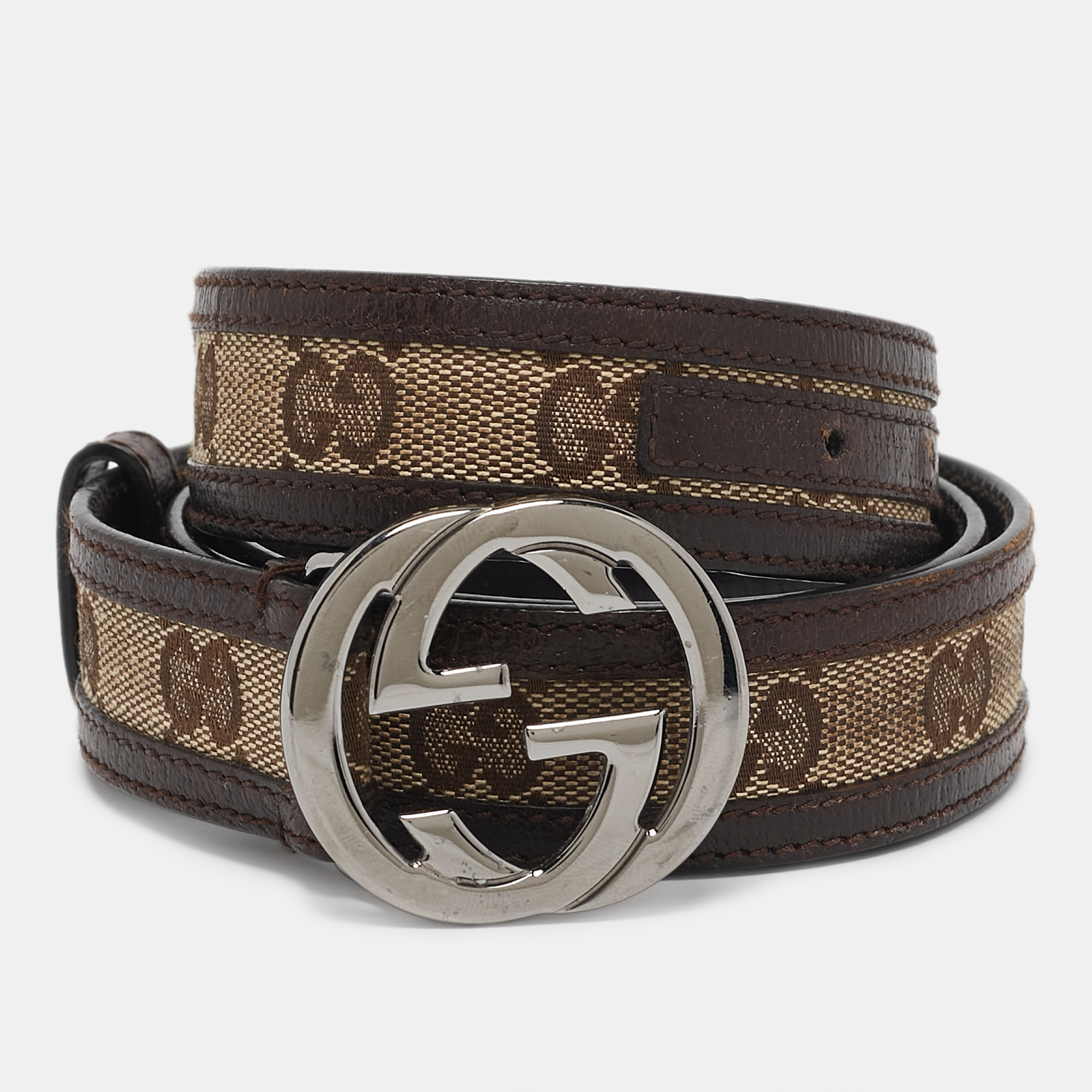 

Gucci Beige/Brown GG Canvas and Leather Interlocking G Buckle Belt