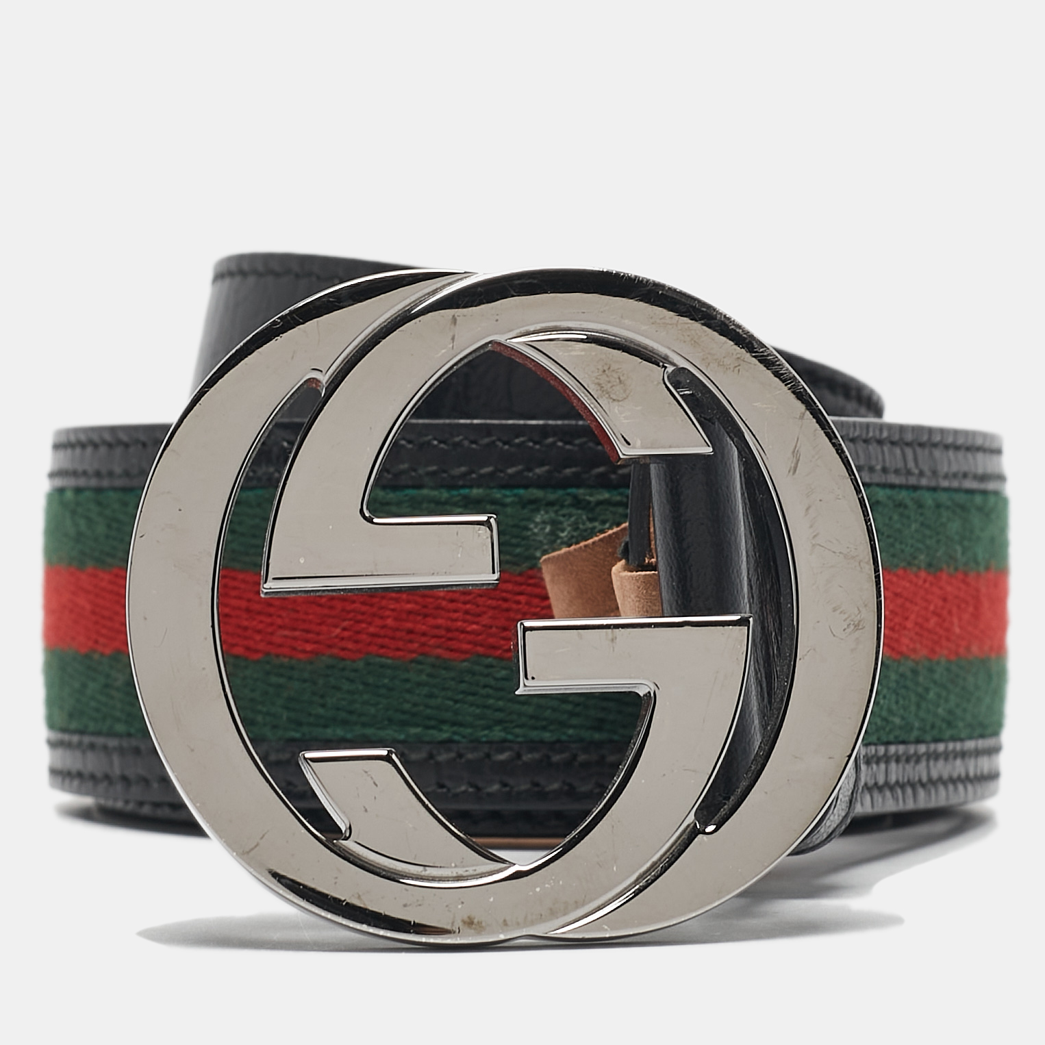 

Gucci Black Web Canvas and Leather Interlocking G Buckle Belt 90CM