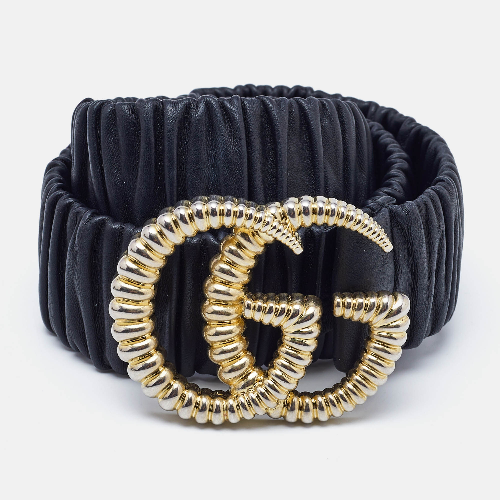 

Gucci Black Elastic Leather GG Marmont Torchon Buckle Belt 80CM