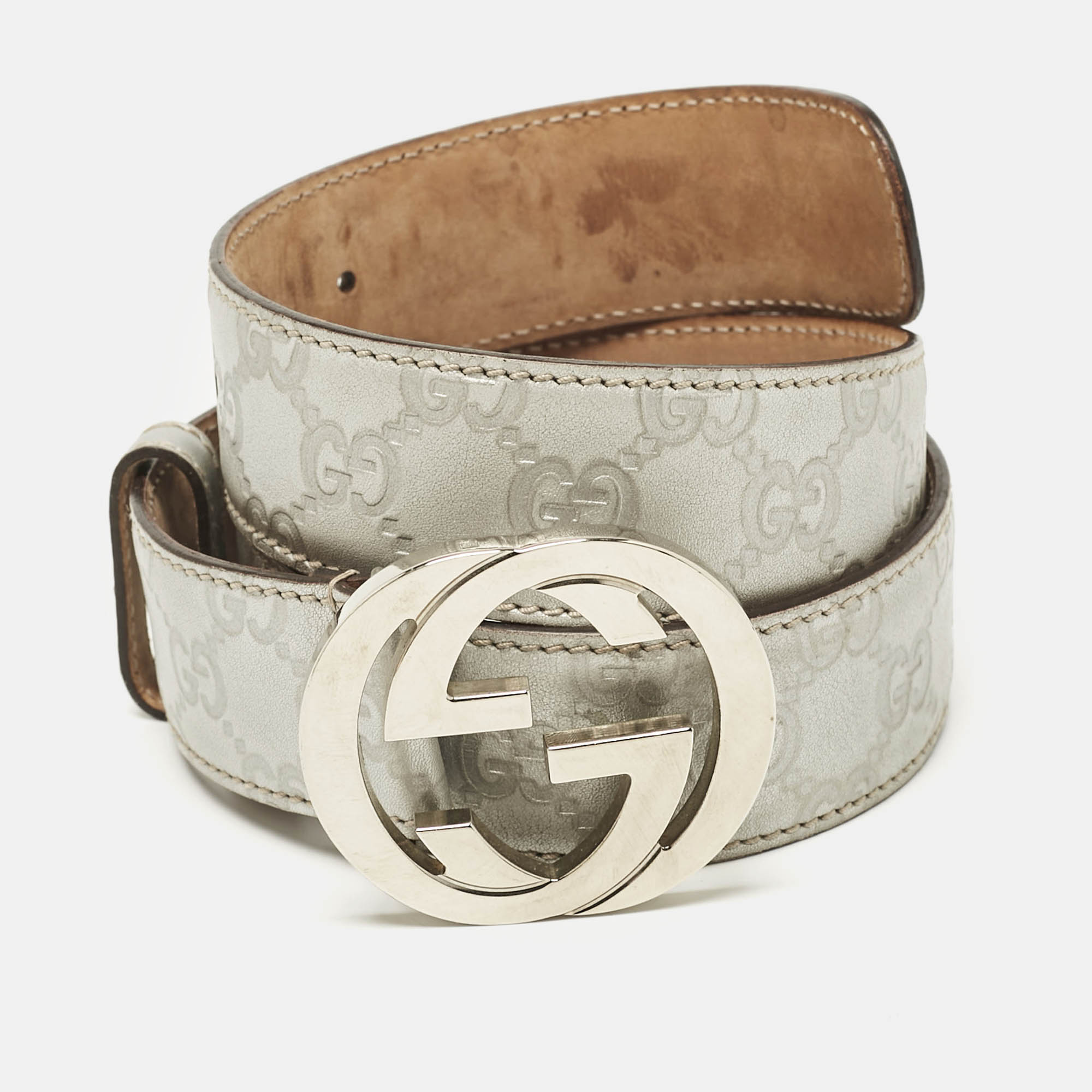 

Gucci Silver Guccissima Leather Interlocking G Buckle Belt