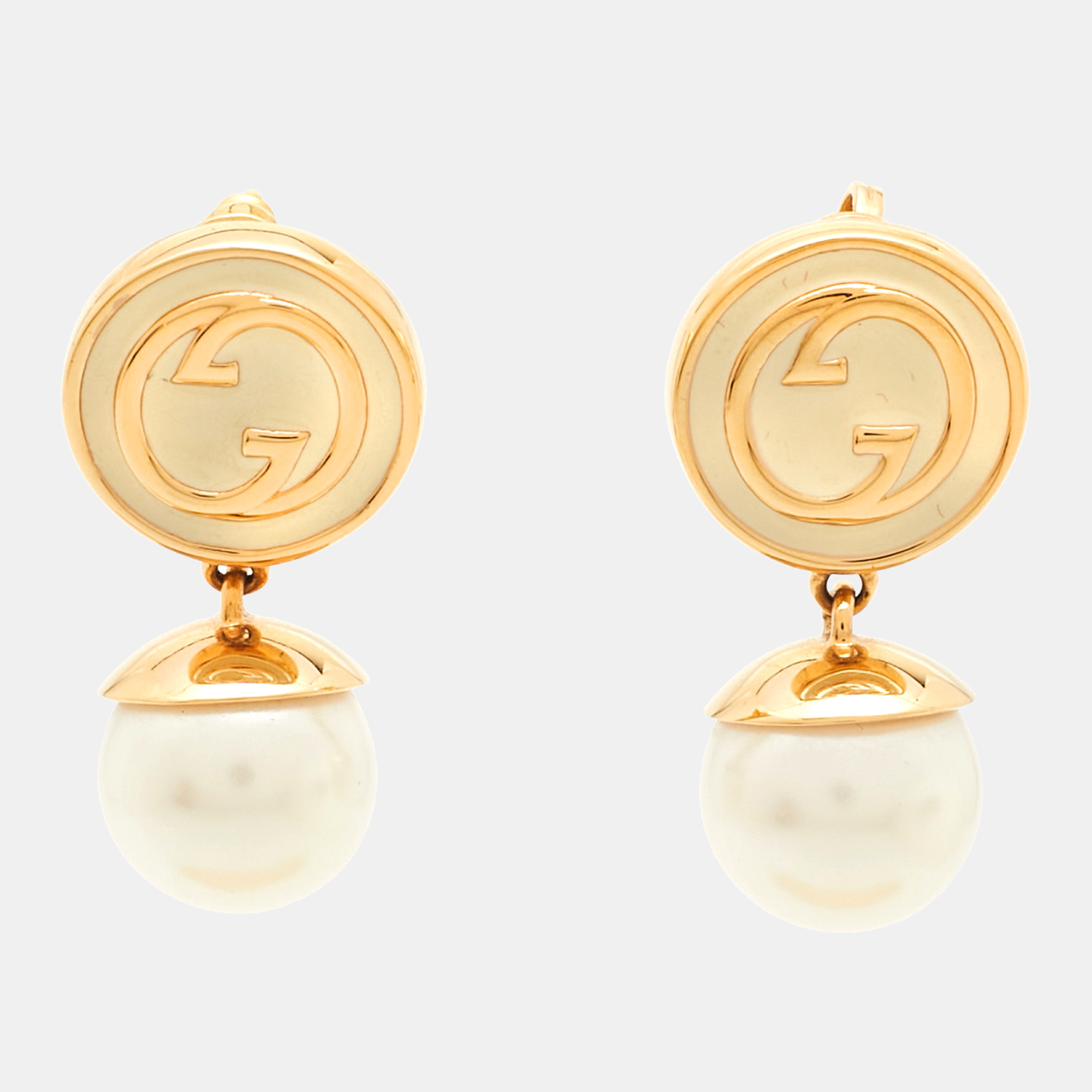 

Gucci Blondie Enamel Faux Pearl Gold Tone Drop Earrings