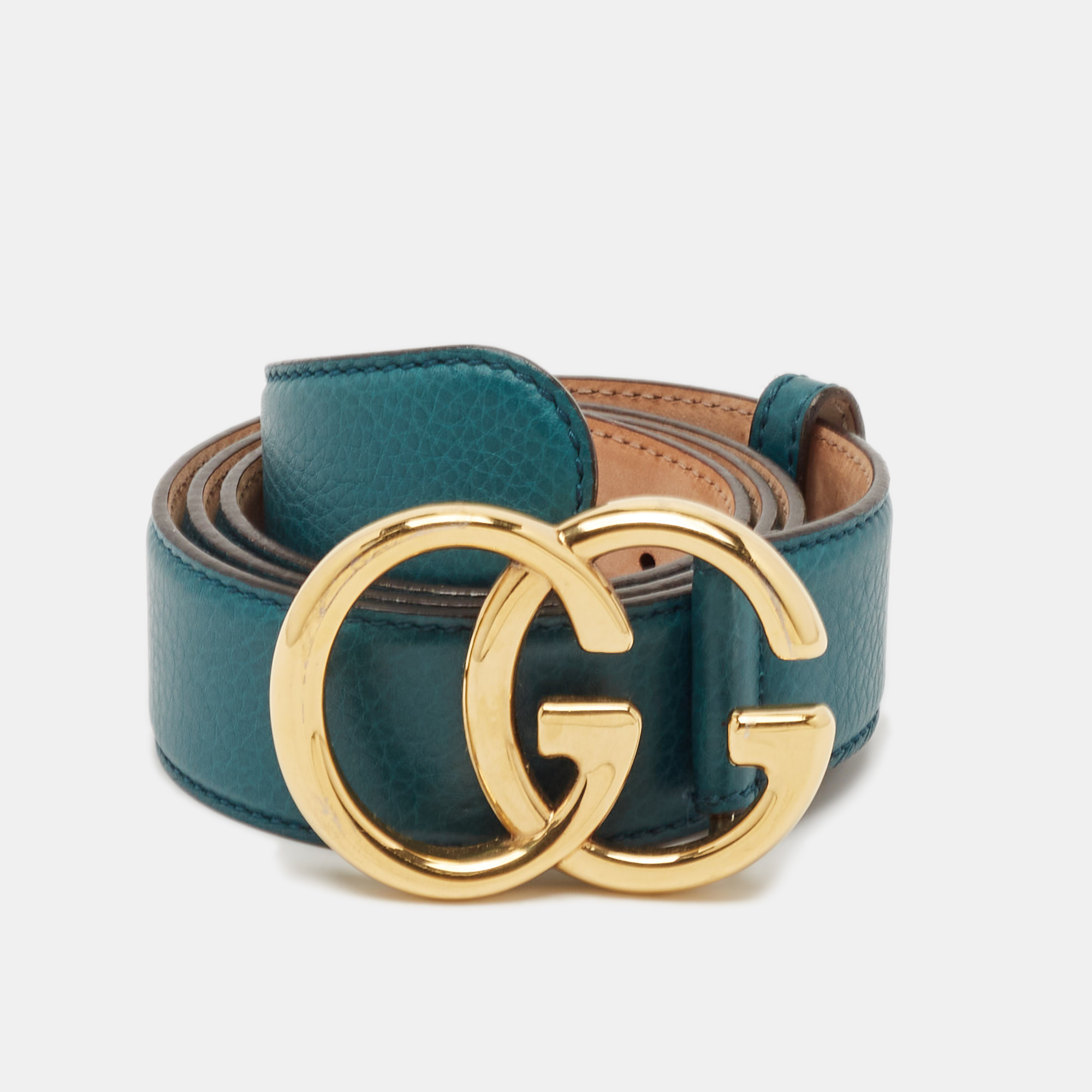 

Gucci Teal Green Leather Double G Buckle Belt 95CM