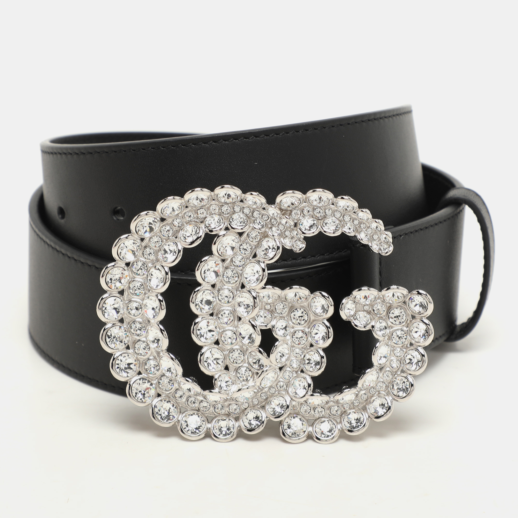 

Gucci Black Leather GG Crystal Buckle Belt 70CM