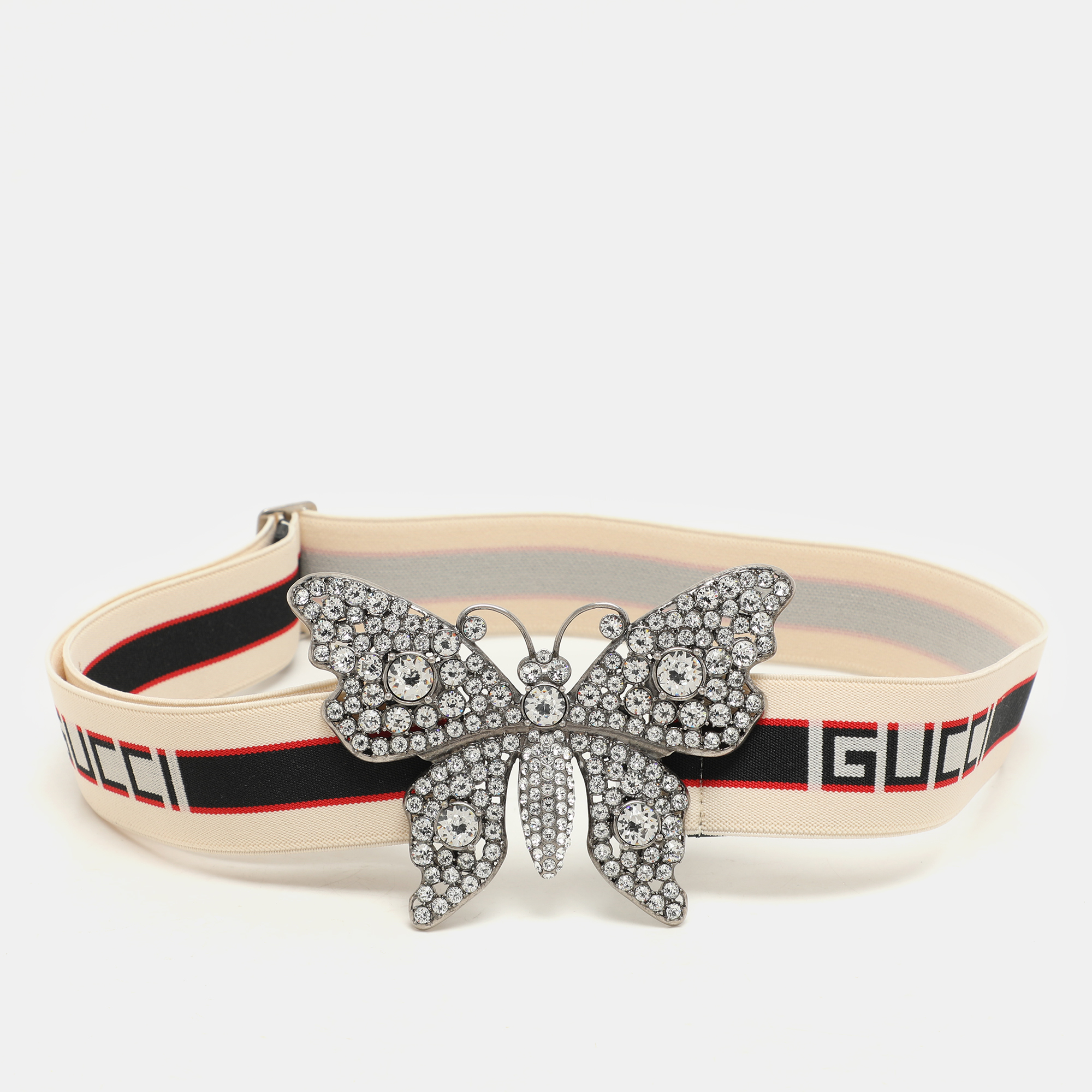 

Gucci White Elastic Band Crystals Embellished Butterfly Waist Belt 85CM, Multicolor