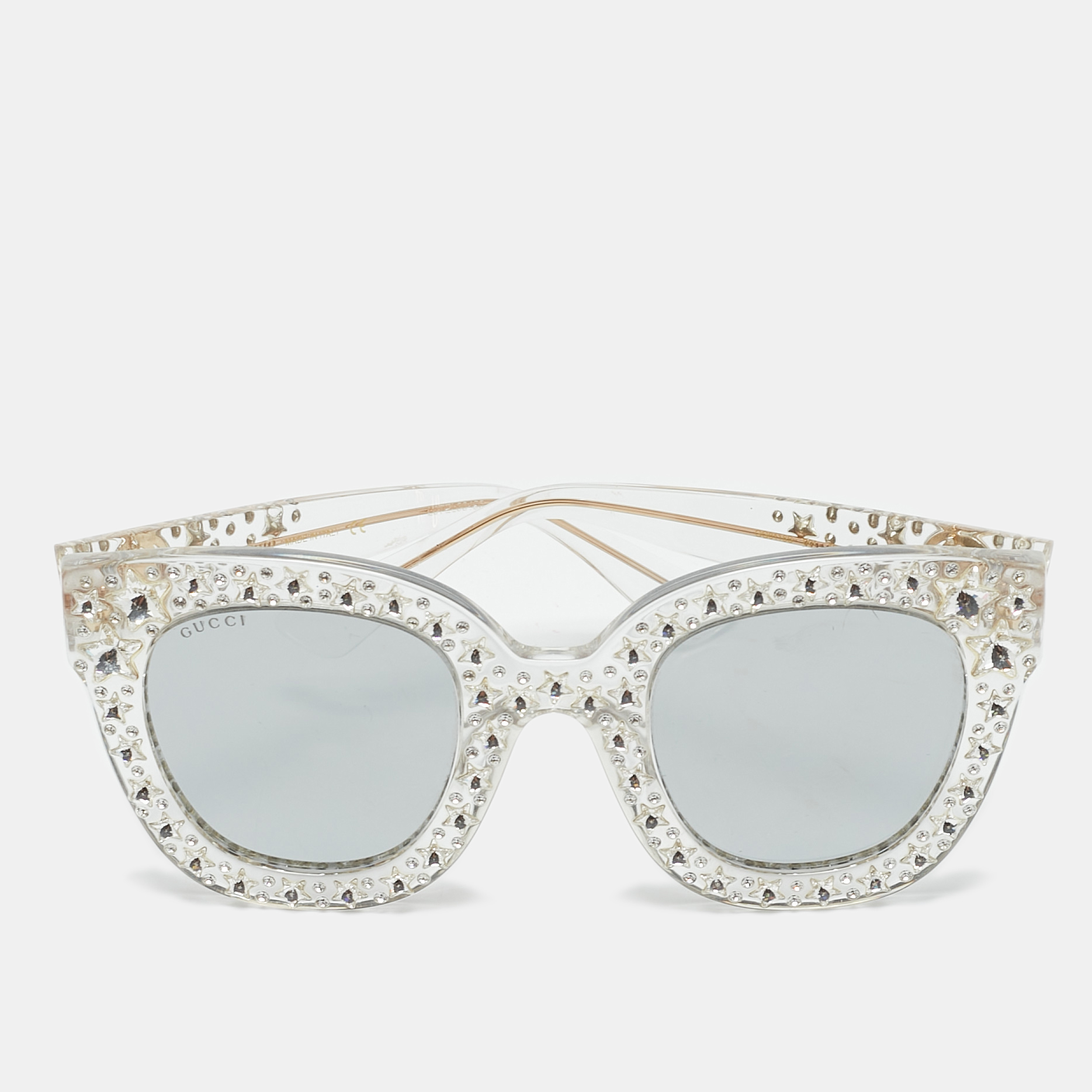 Pre-owned Gucci Light Grey Mirrored Gg0116s Crystal Embellished Square Sunglasses In Gray