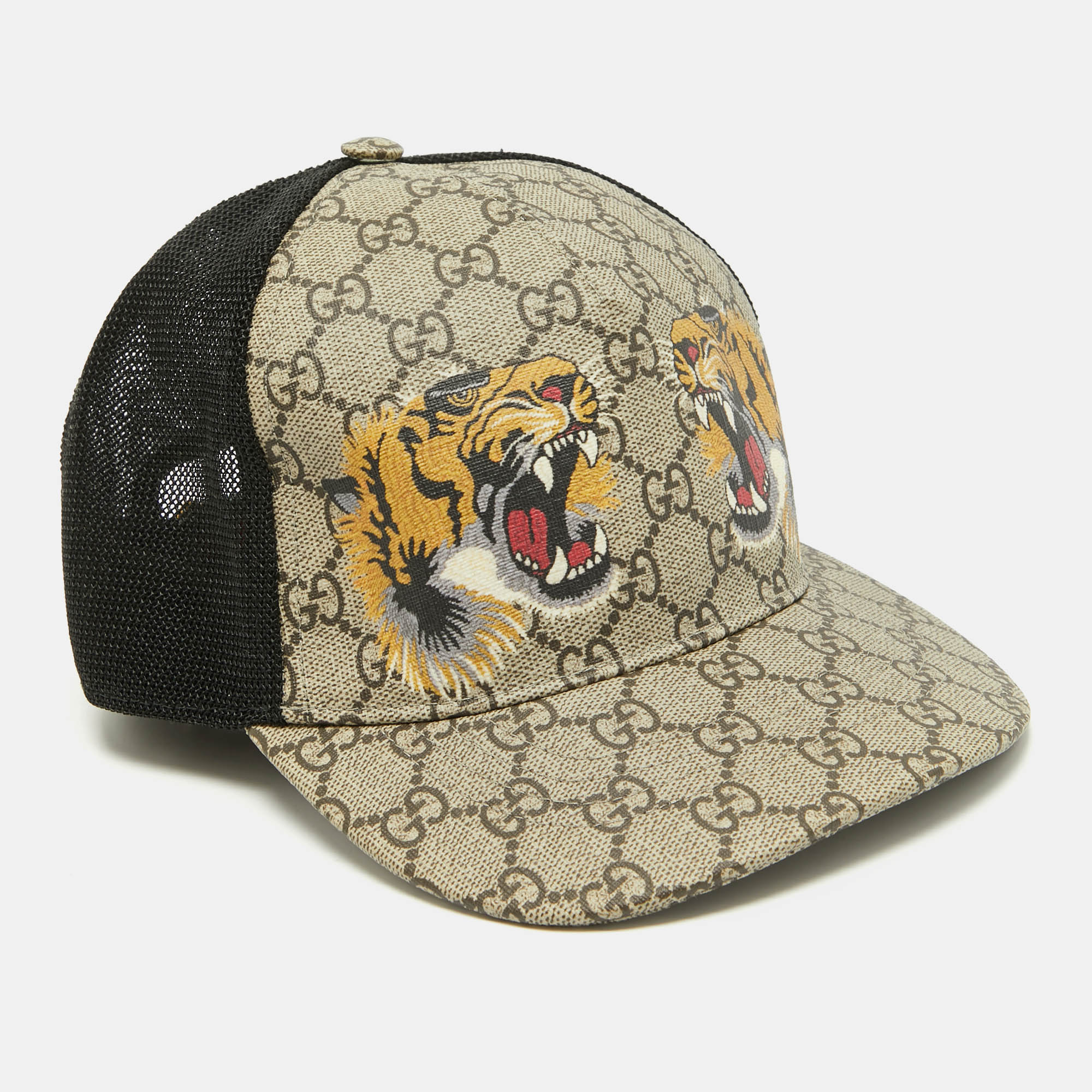 

Gucci Beige/Black Tiger Print GG Supreme Canvas & Mesh Baseball Cap M