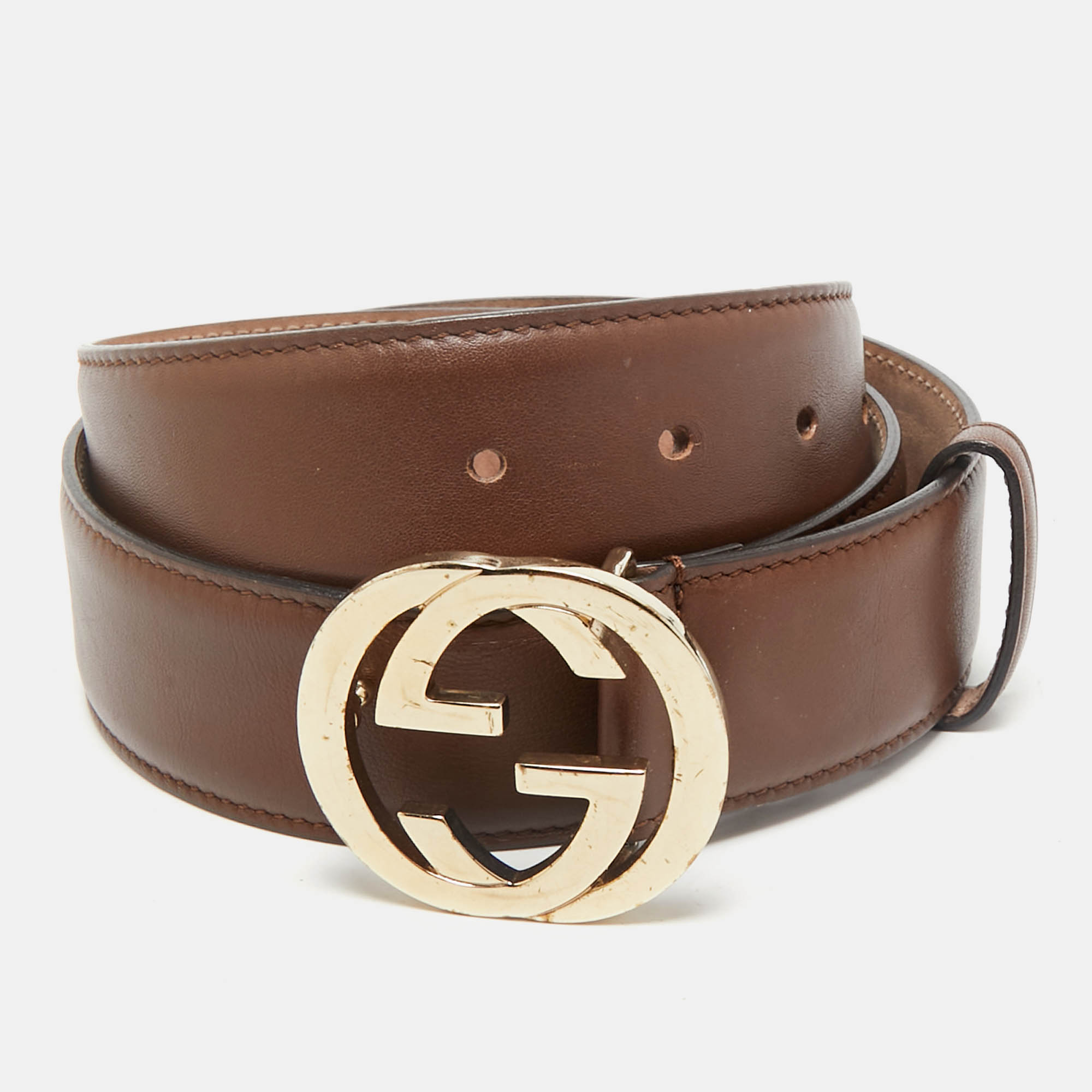 

Gucci Brown Leather Interlocking G Buckle Belt 85CM
