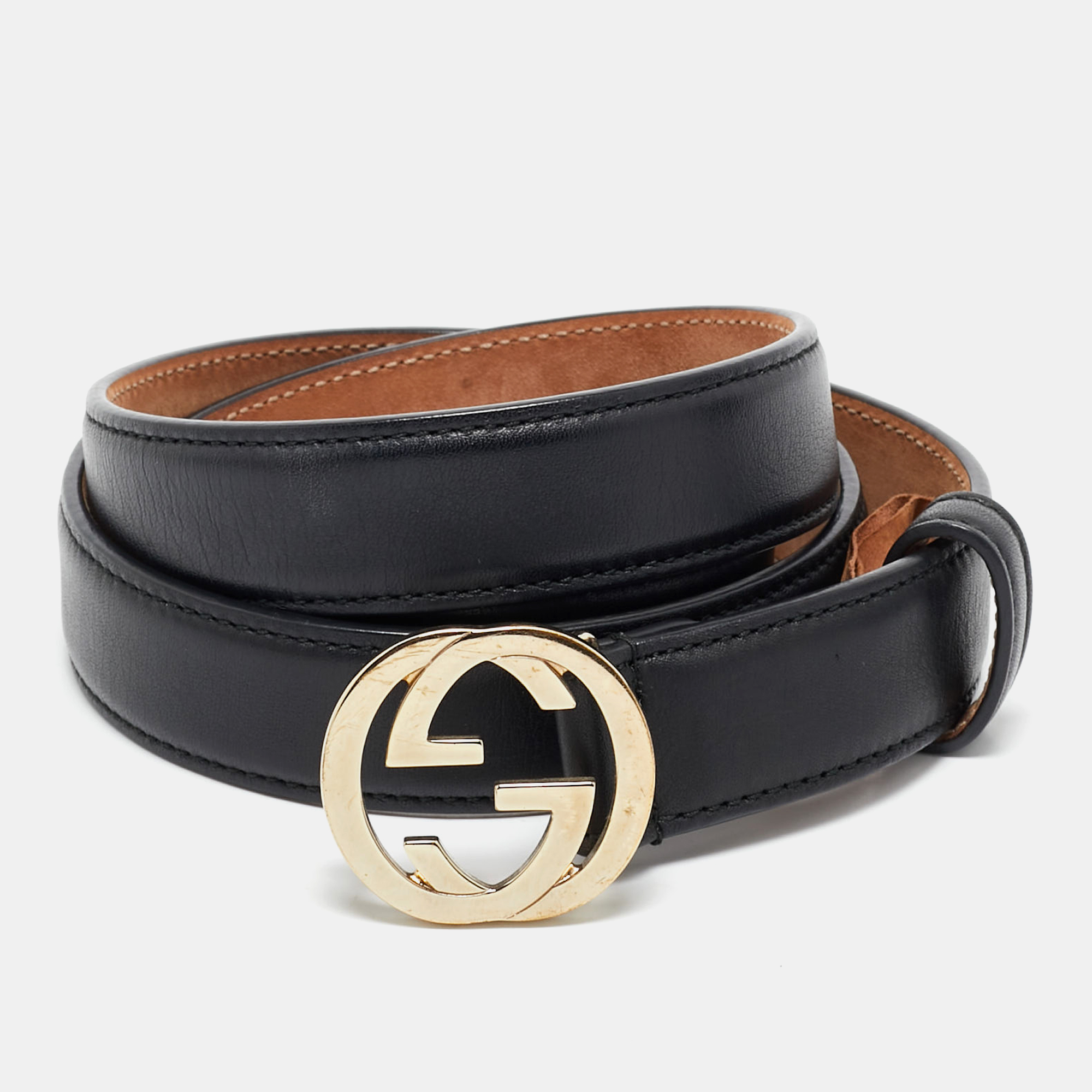 

Gucci Black Leather Interlocking G Buckle Slim Belt