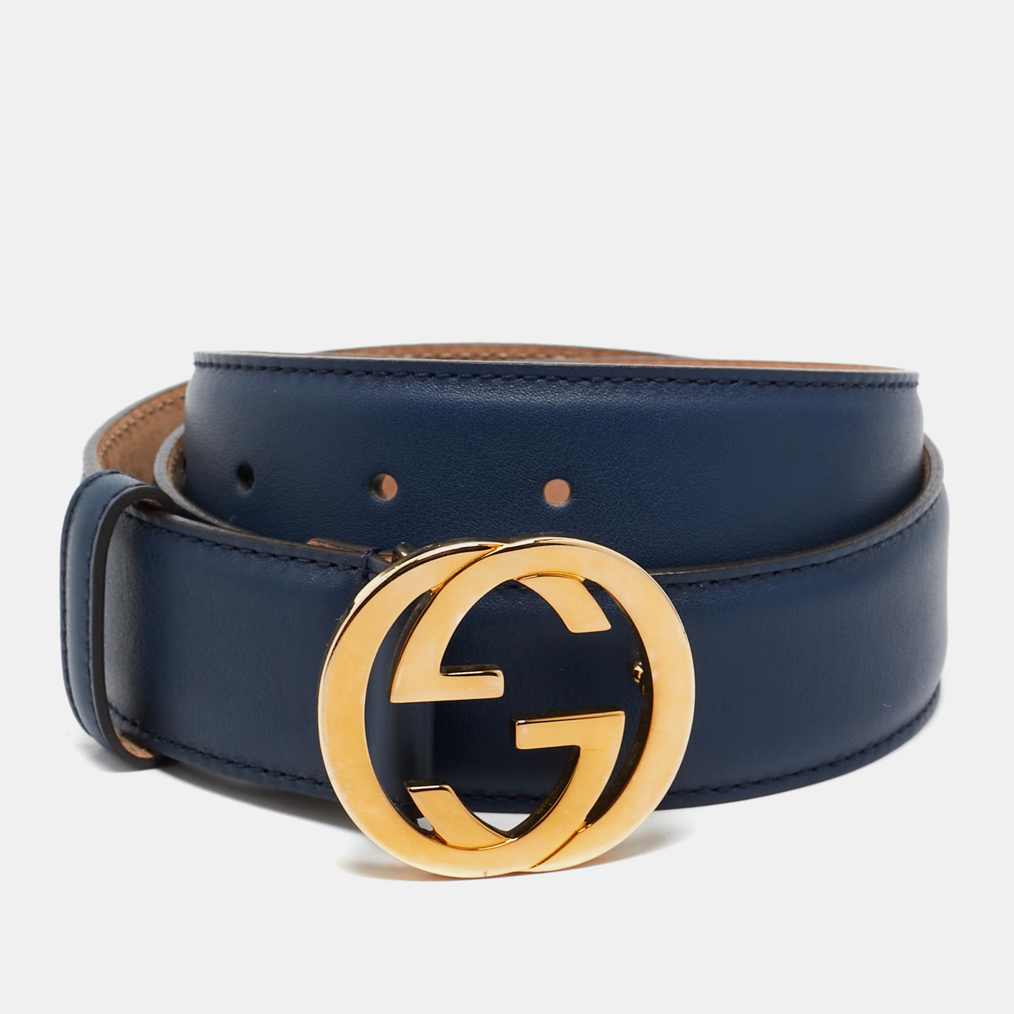 

Gucci Navy Blue Leather Interlocking G Buckle Belt