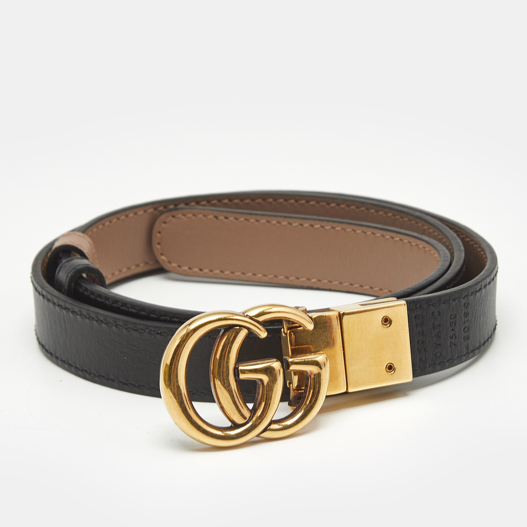 Pre-owned Gucci Beige/black Leather Gg Marmont Slim Reversible Belt 75cm