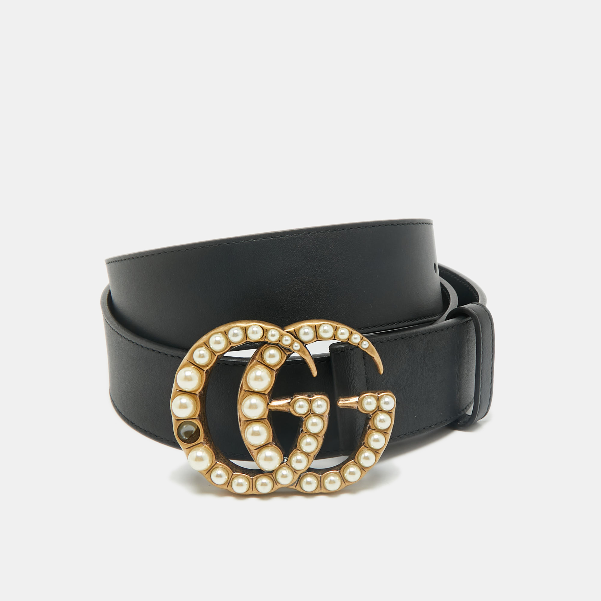 

Gucci Black Leather GG Marmont Pearl Embellished Buckle Belt 110CM