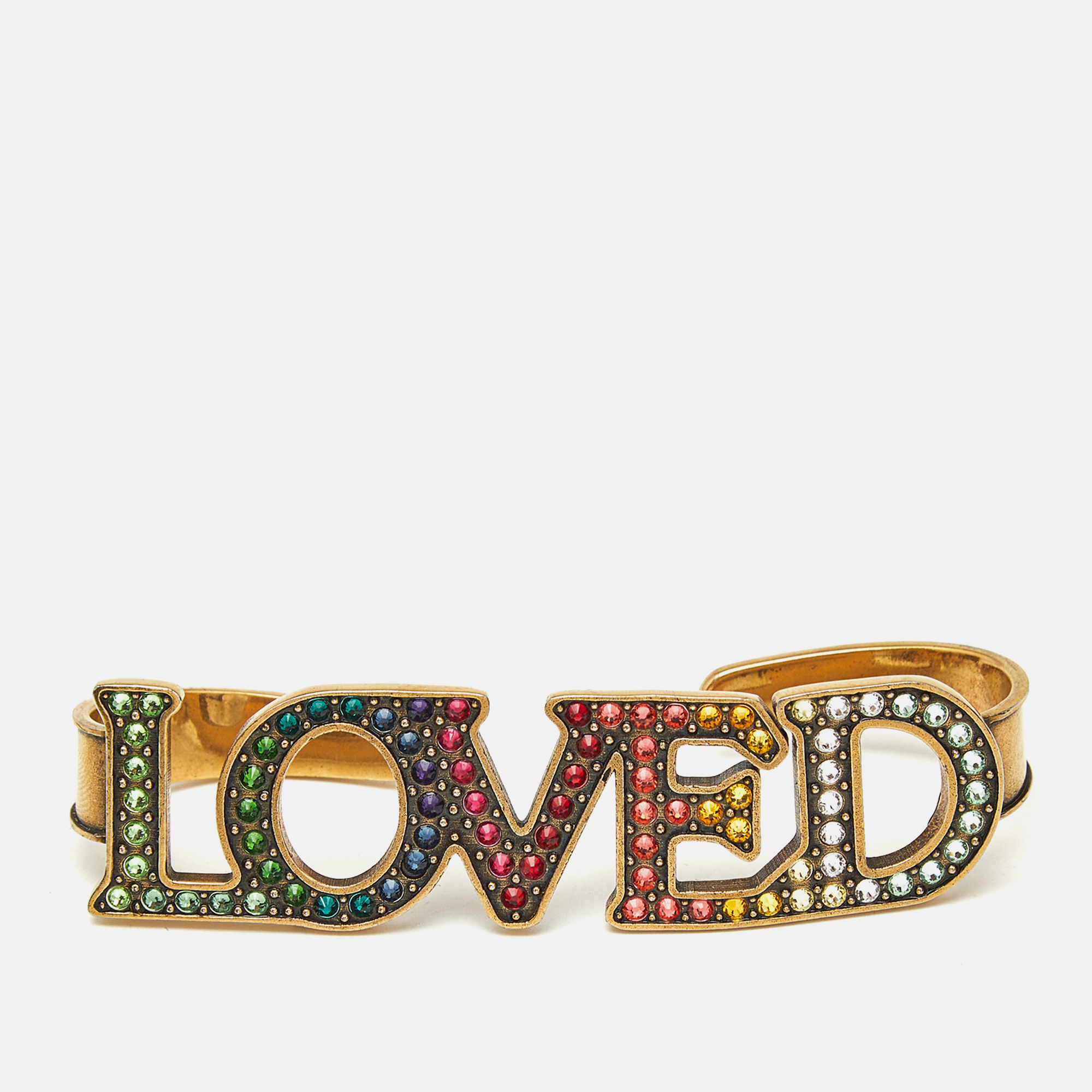 

Gucci 'LOVED' Crystal Gold Tone 4 Finger Ring