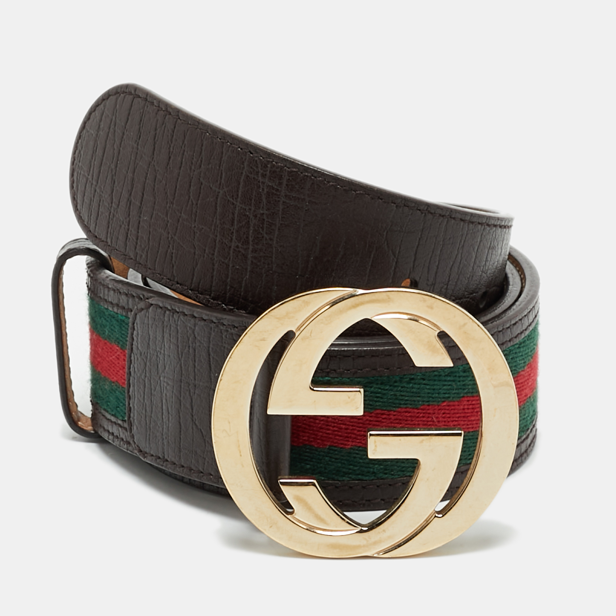 

Gucci Brown Web Canvas and Leather Interlocking G Buckle Belt 85CM