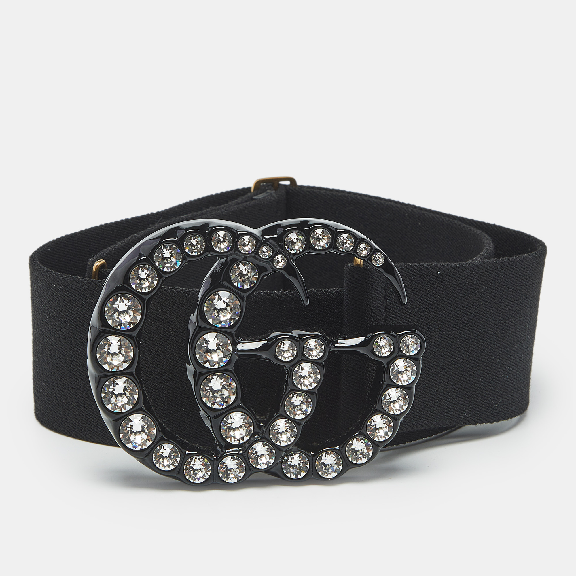 

Gucci Black Elastic Crystal Embellished Plexiglass GG Marmont Belt