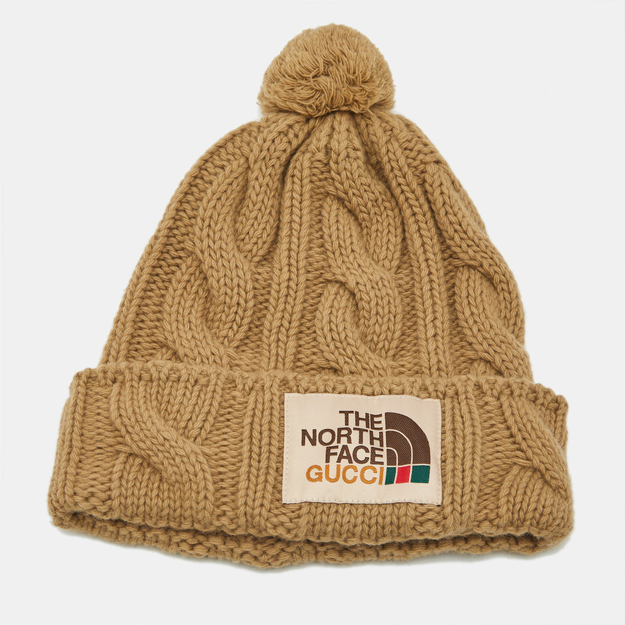 Pre-owned Gucci X The North Face Camel Brown Cable Knit Pom Pom Beanie S In Sand