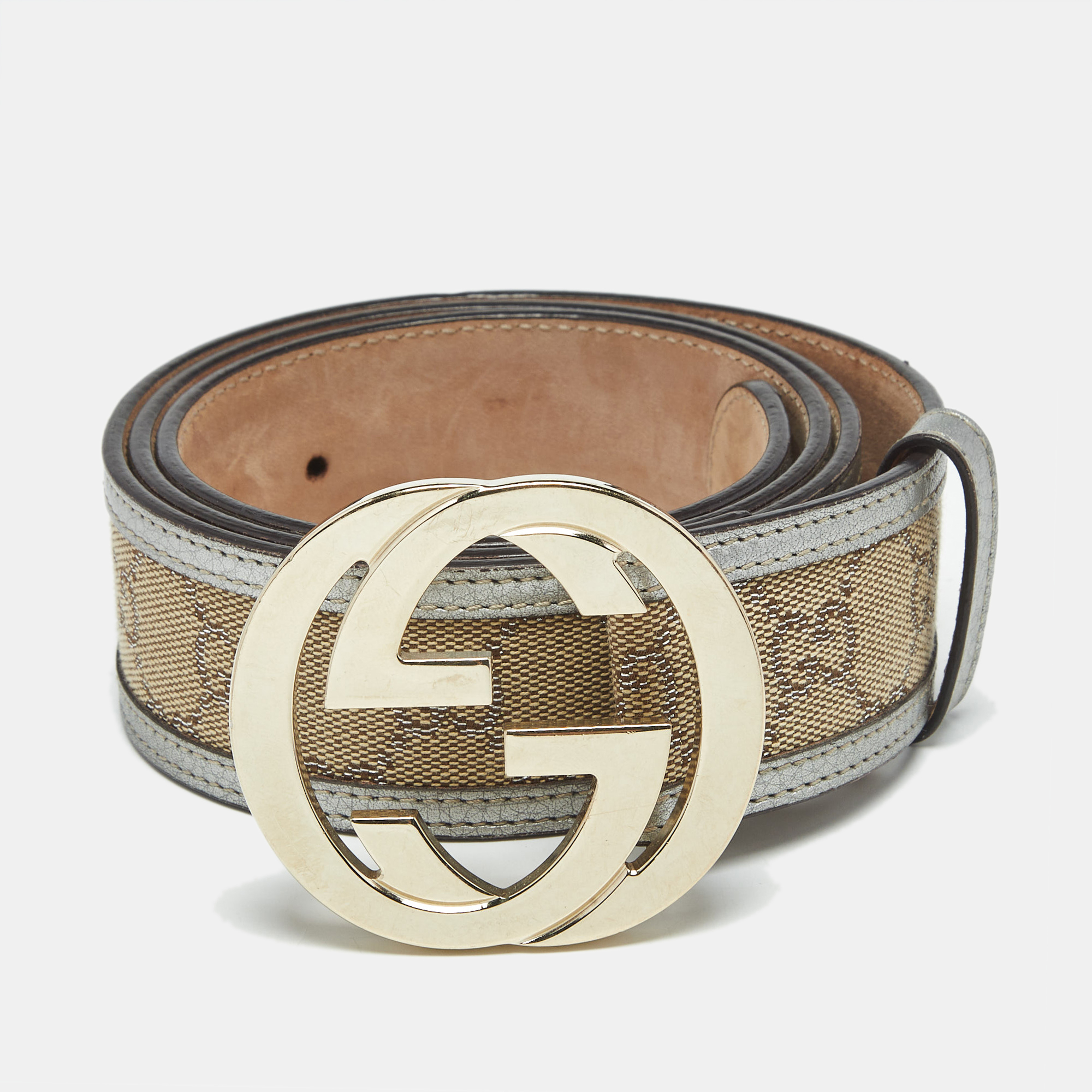 Pre-owned Gucci Beige/silver Gg Canvas And Leather Interlocking G Buckle Belt 90cm In Sand