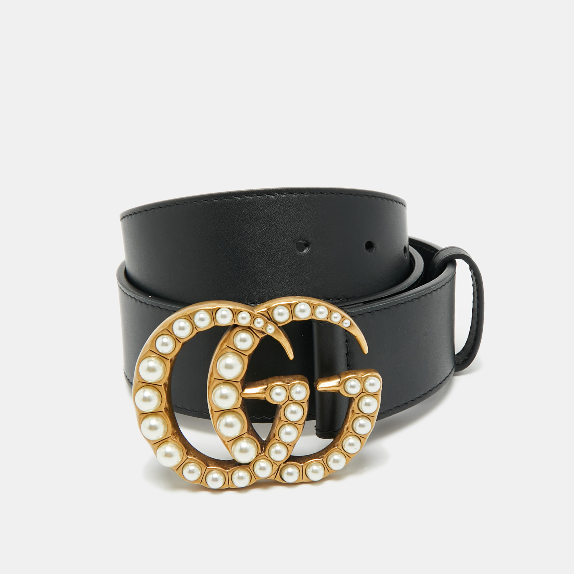 

Gucci Black Leather Pearl Embellished Double G Buckle Belt