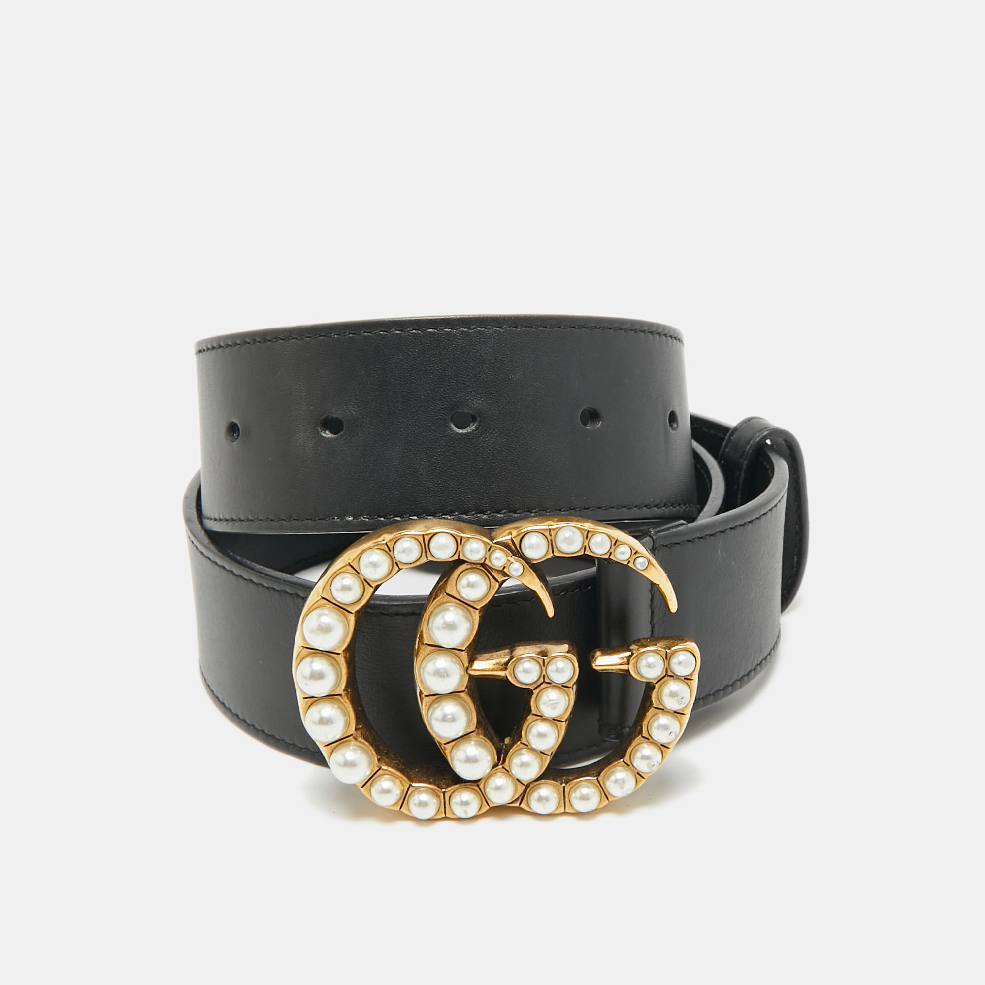 

Gucci Black Leather Pearl Embellished Double G Buckle Belt