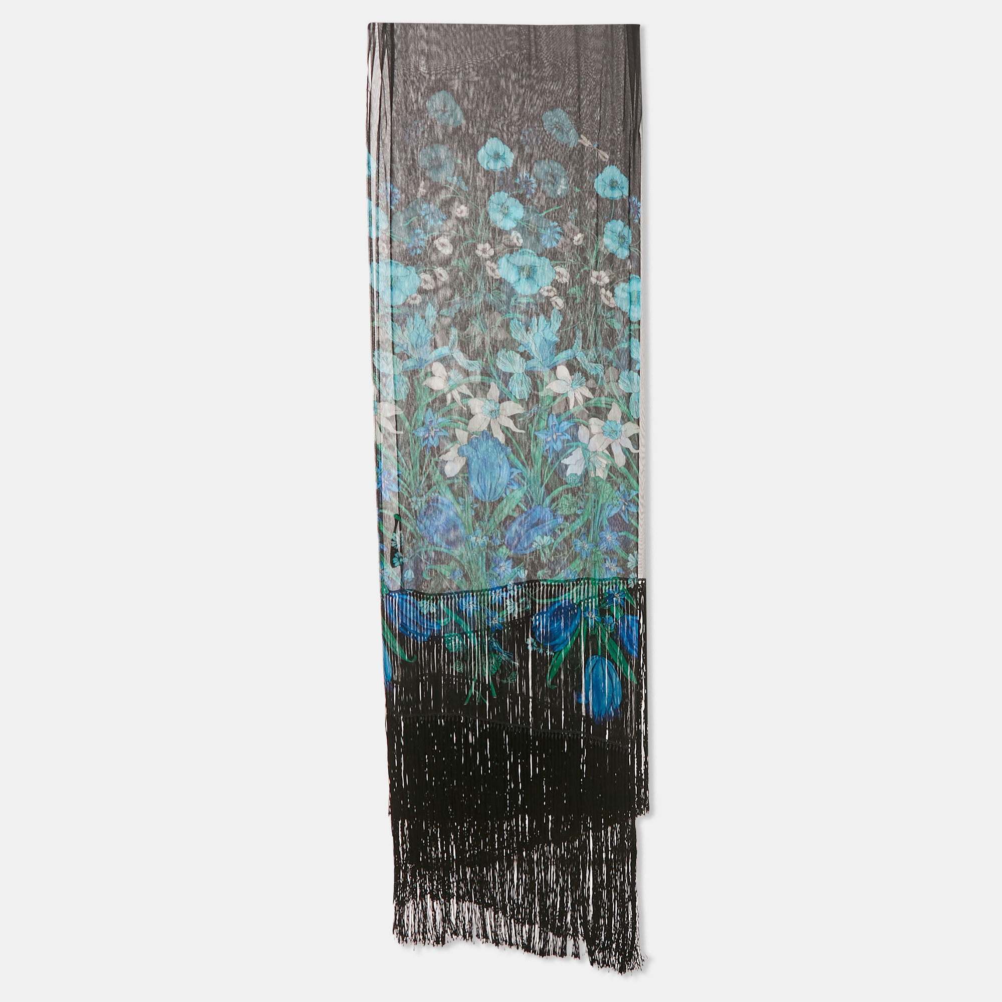 

Gucci Black Floral Print Silk Chiffon Fringed Stole