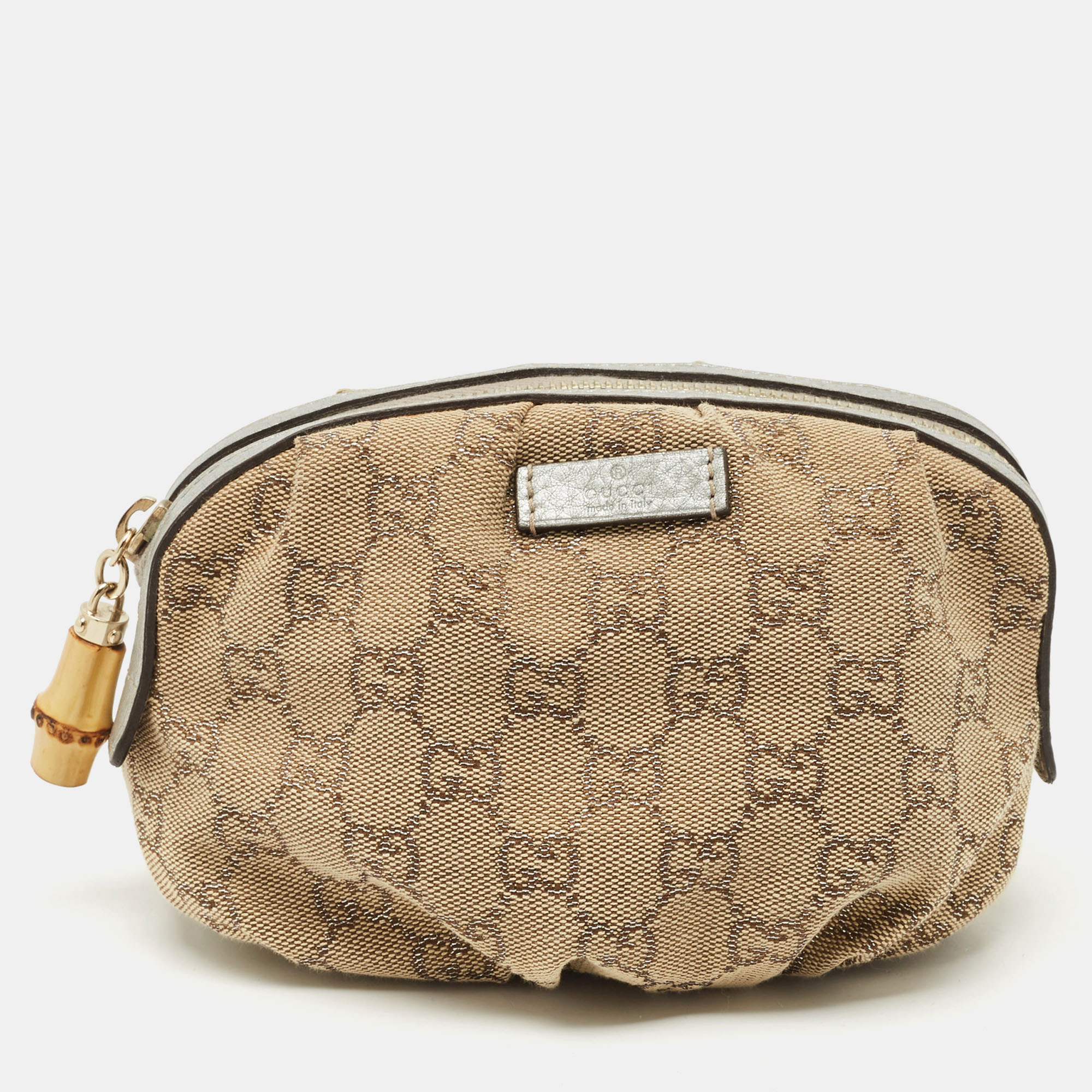 

Gucci Beige/Silver GG Canvas and Leather Bamboo Cosmetic Pouch