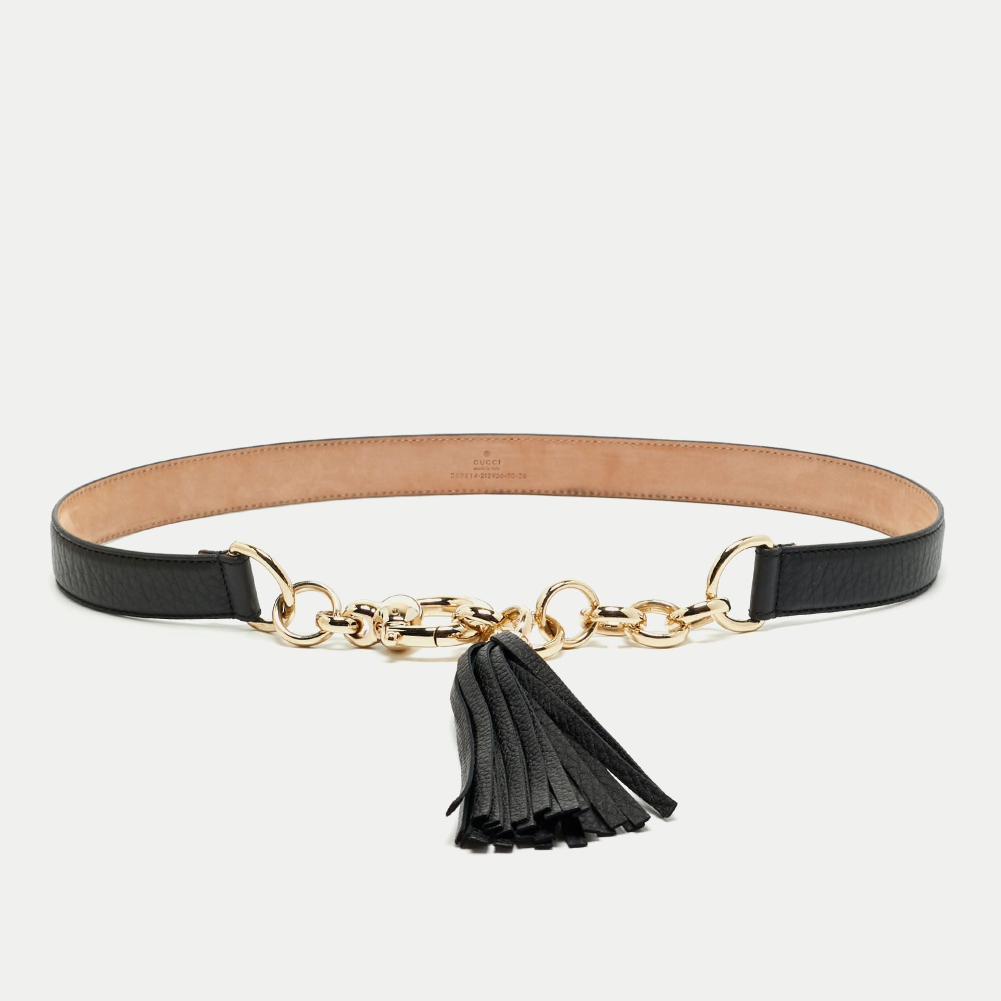 Gucci Black Leather Horsebit Tassel Waist Belt 90 CM