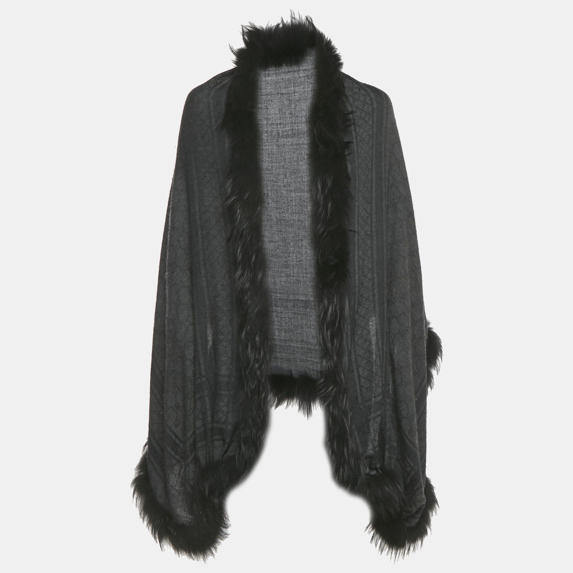 

Gucci Black Fur Trim GG Supreme Wool and Silk Shawl