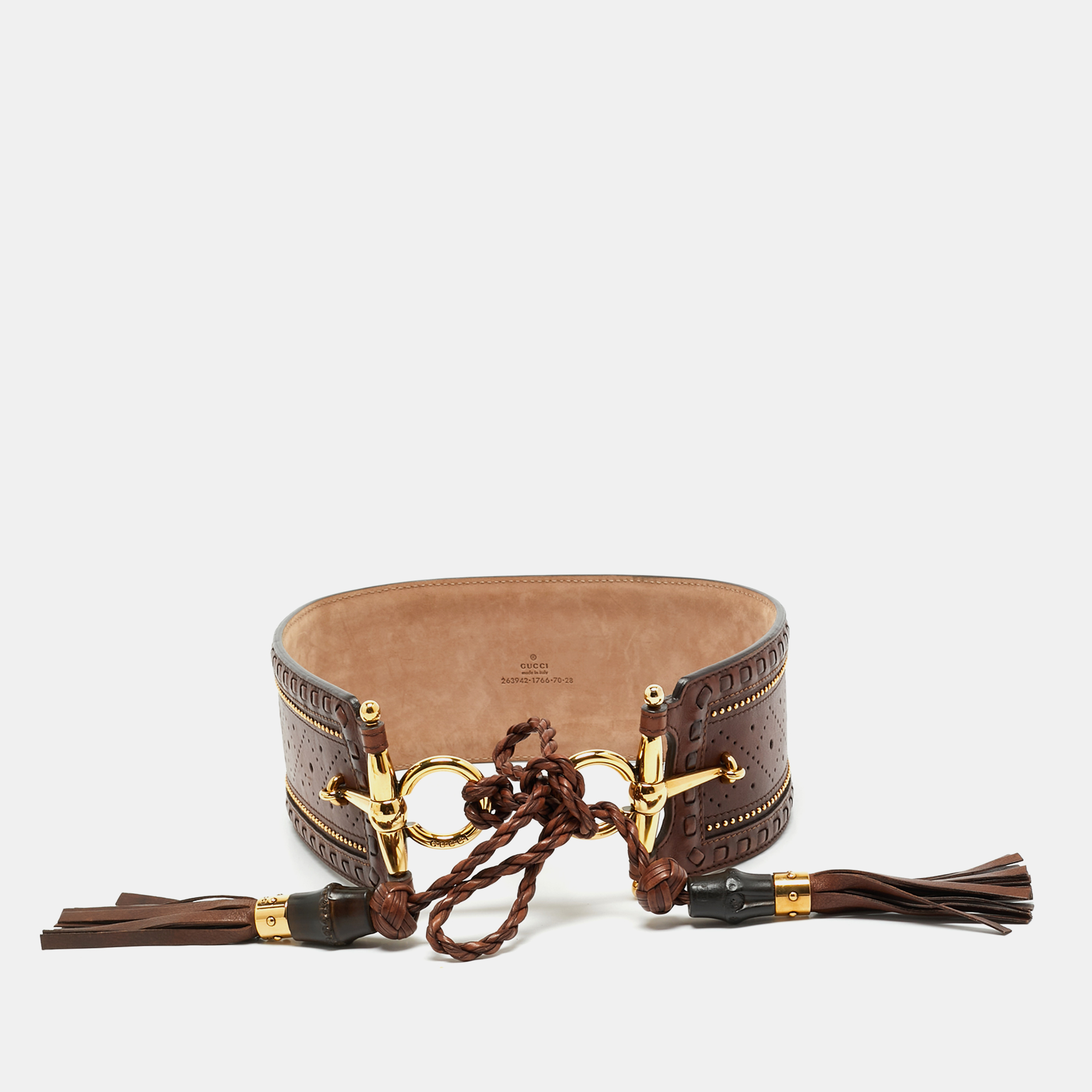 

Gucci Brown Leather Embellished Tassel Waist Wide Belt 70CM