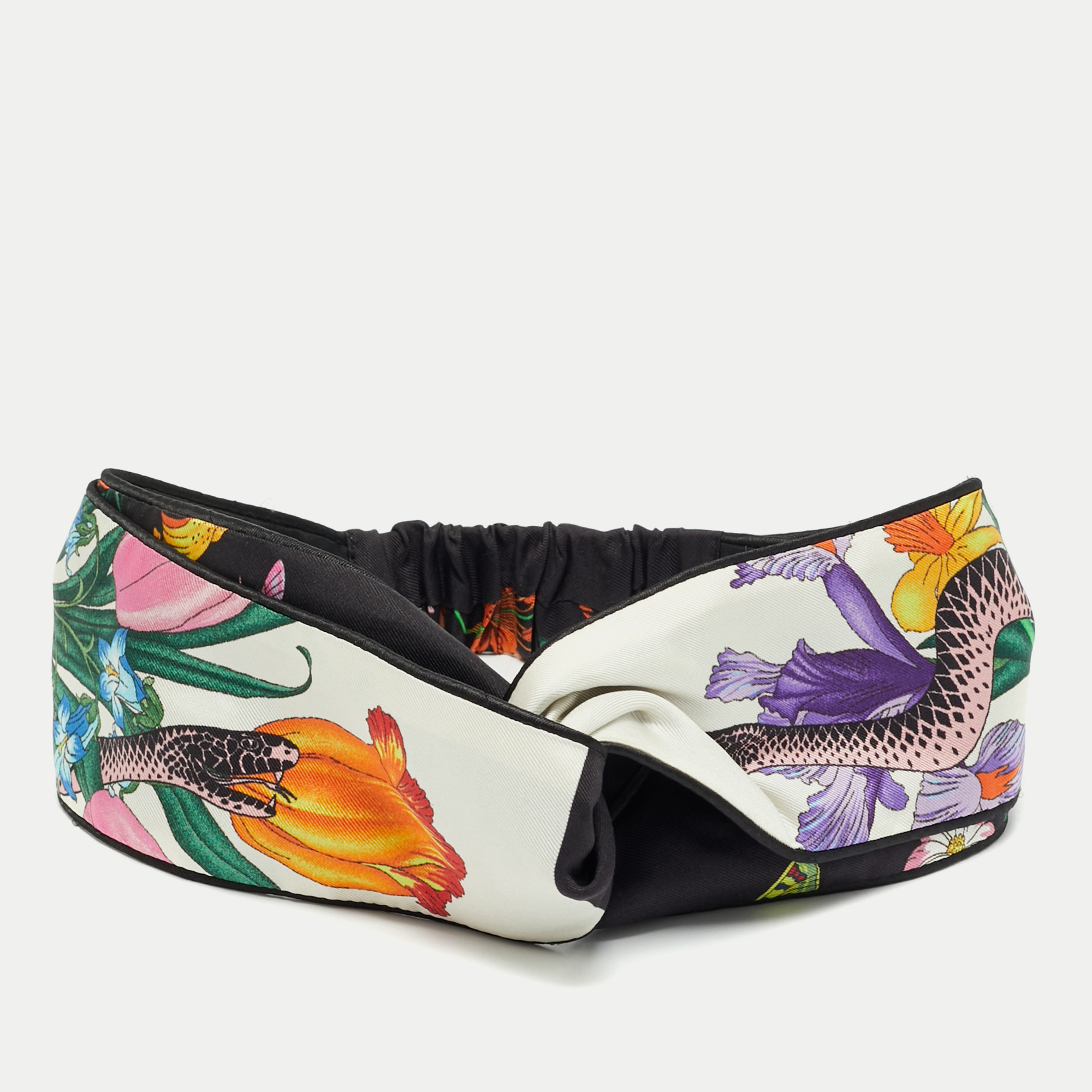 Pre-owned Gucci White Floral-snake Print Silk Headband