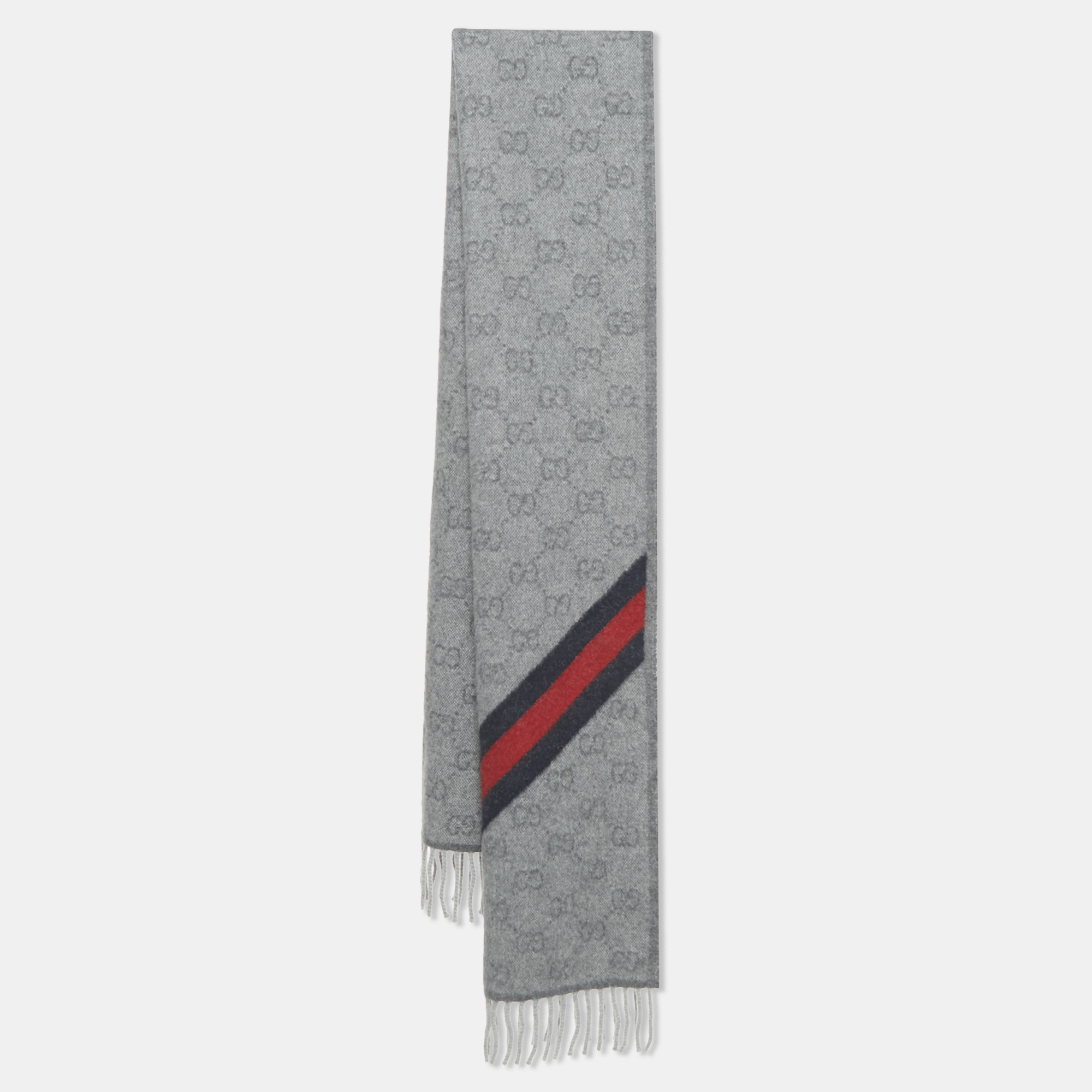 Pre-owned Gucci Grey Gg Supreme Monogram Jacquard Wool Fringed Scarf In Gray